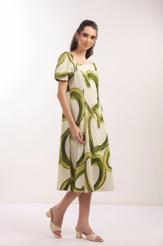 Tropical Green Brushstroke Puff Sleeve Midi Cotton Flex Dress