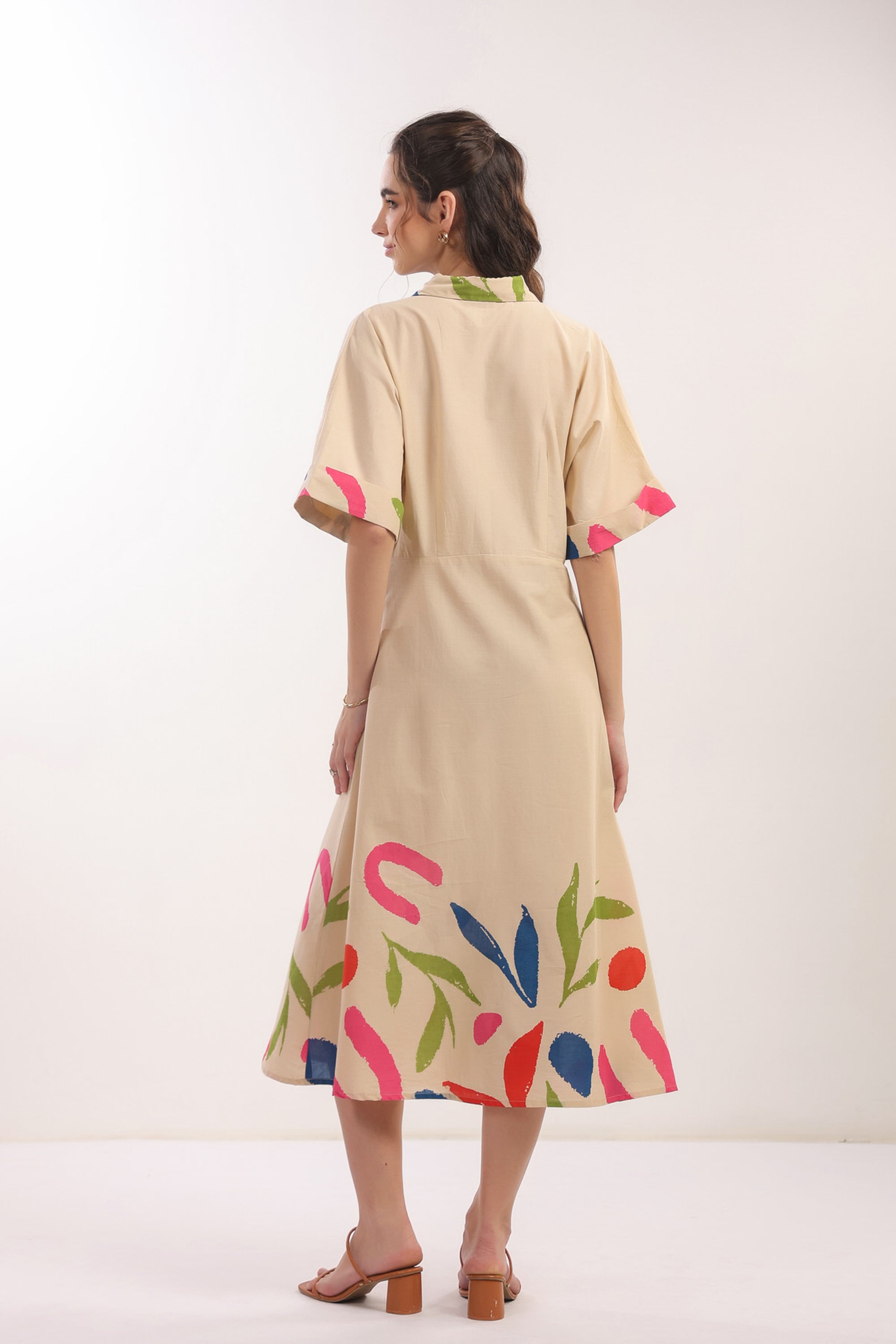 Beige Breeze Botanical Shirt Cotton Dress