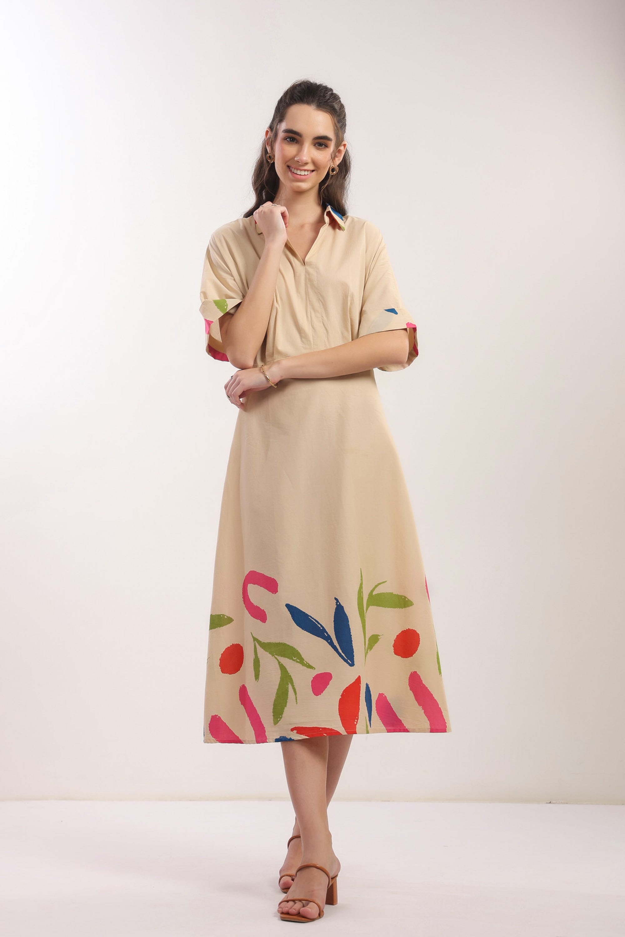 Beige Breeze Botanical Shirt Cotton Dress