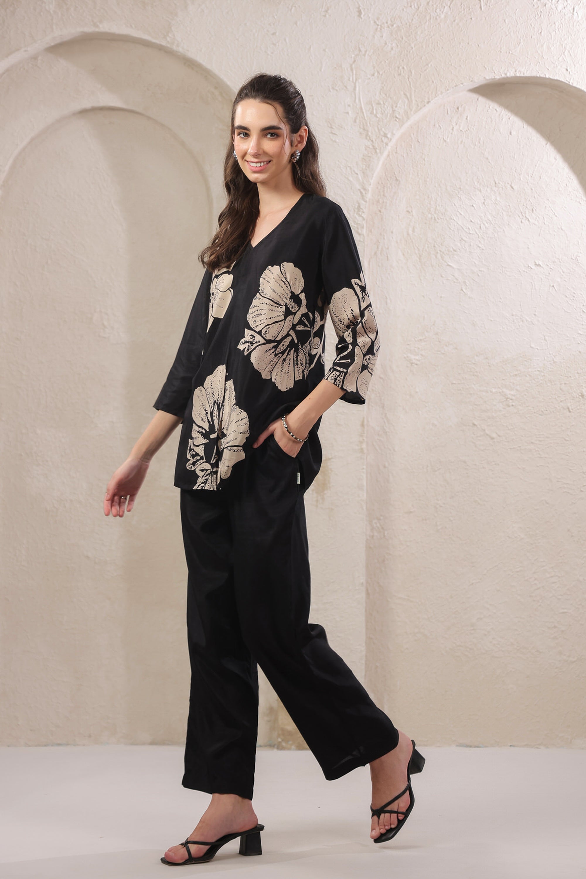 Monochrome Flora Black Russian Silk Co-ord Set