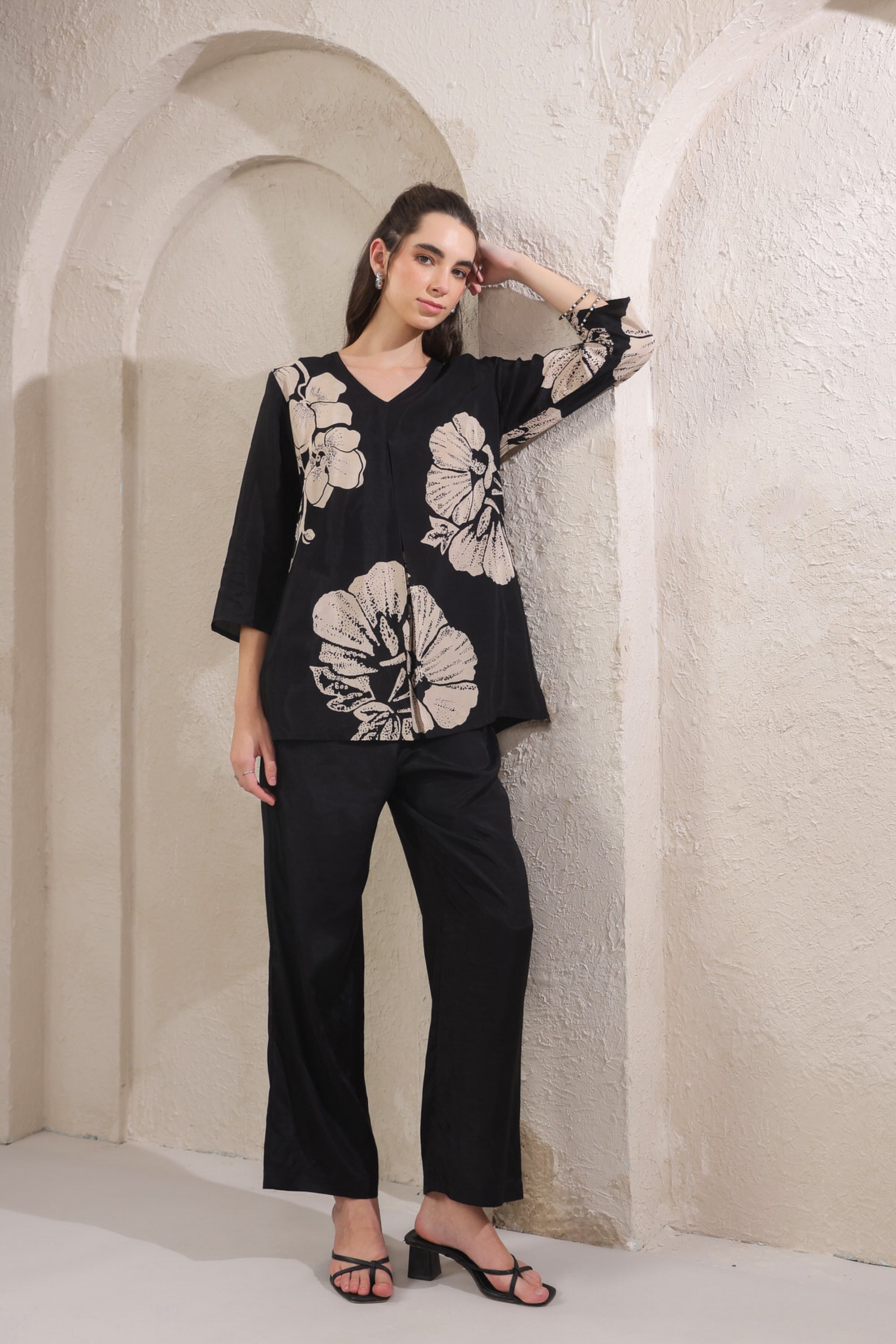 Monochrome Flora Black Russian Silk Co-ord Set