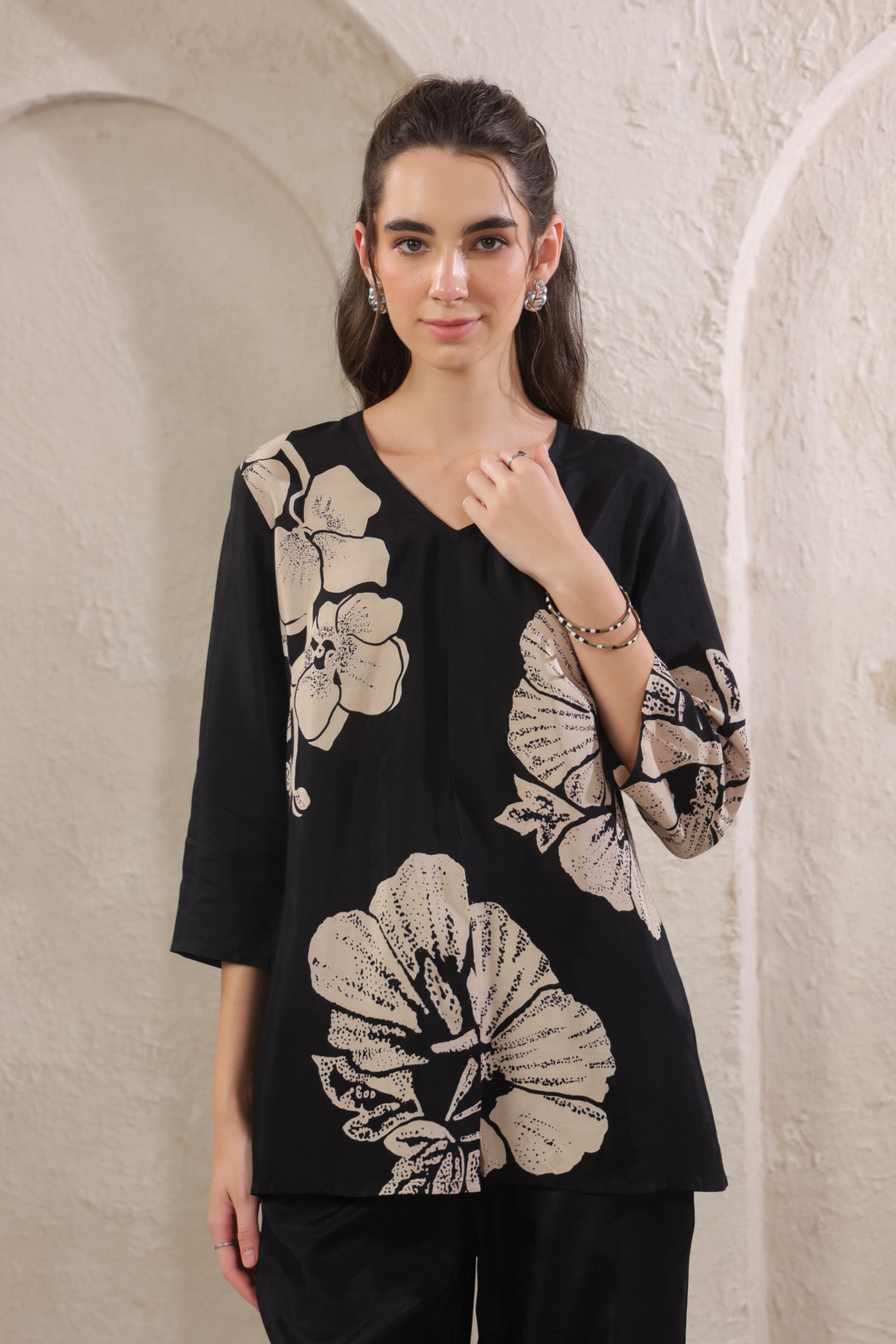 Monochrome Flora Black Russian Silk Co-ord Set