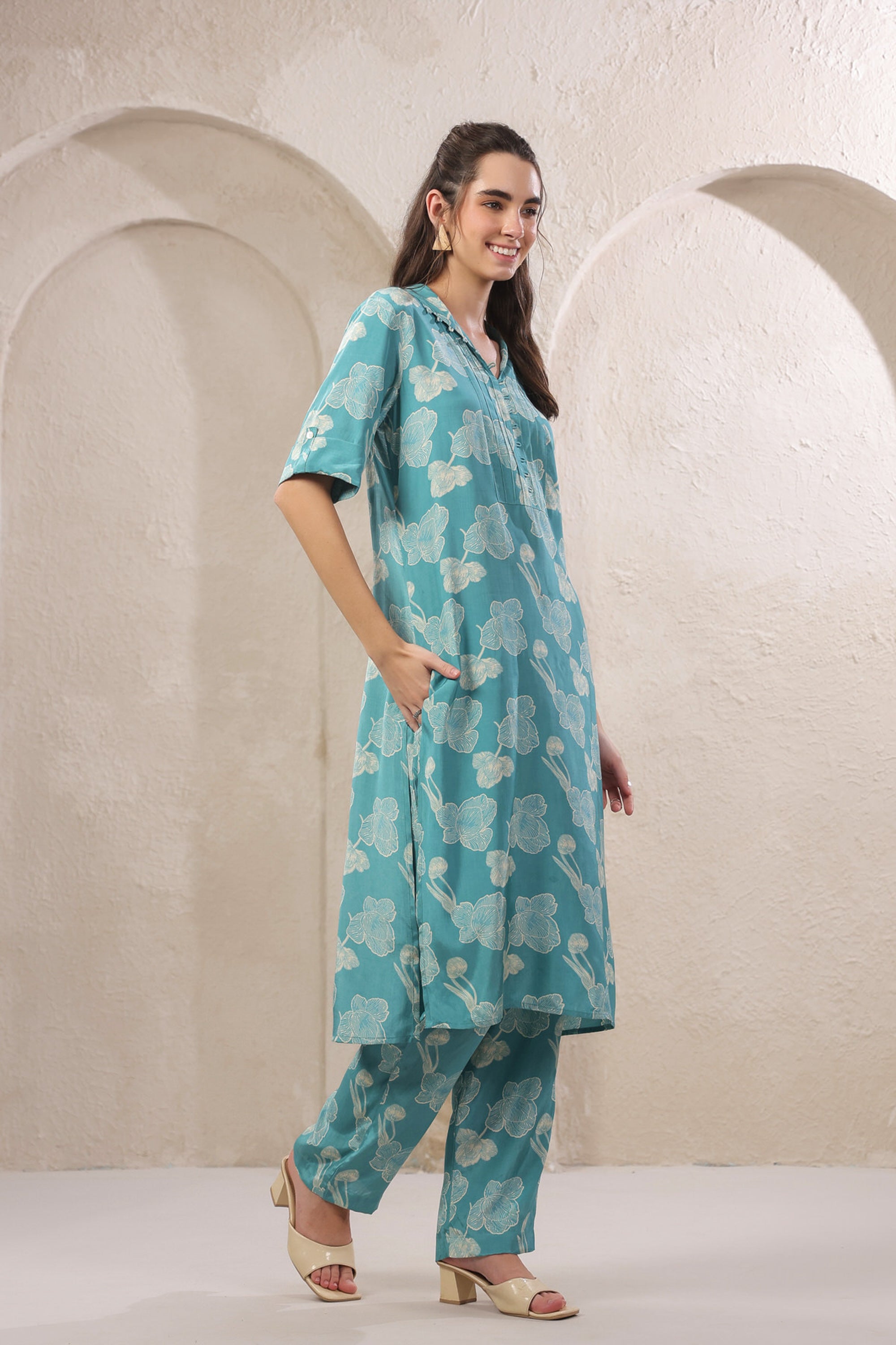 Frosted Petals Blue Russian Silk Co-ord Set