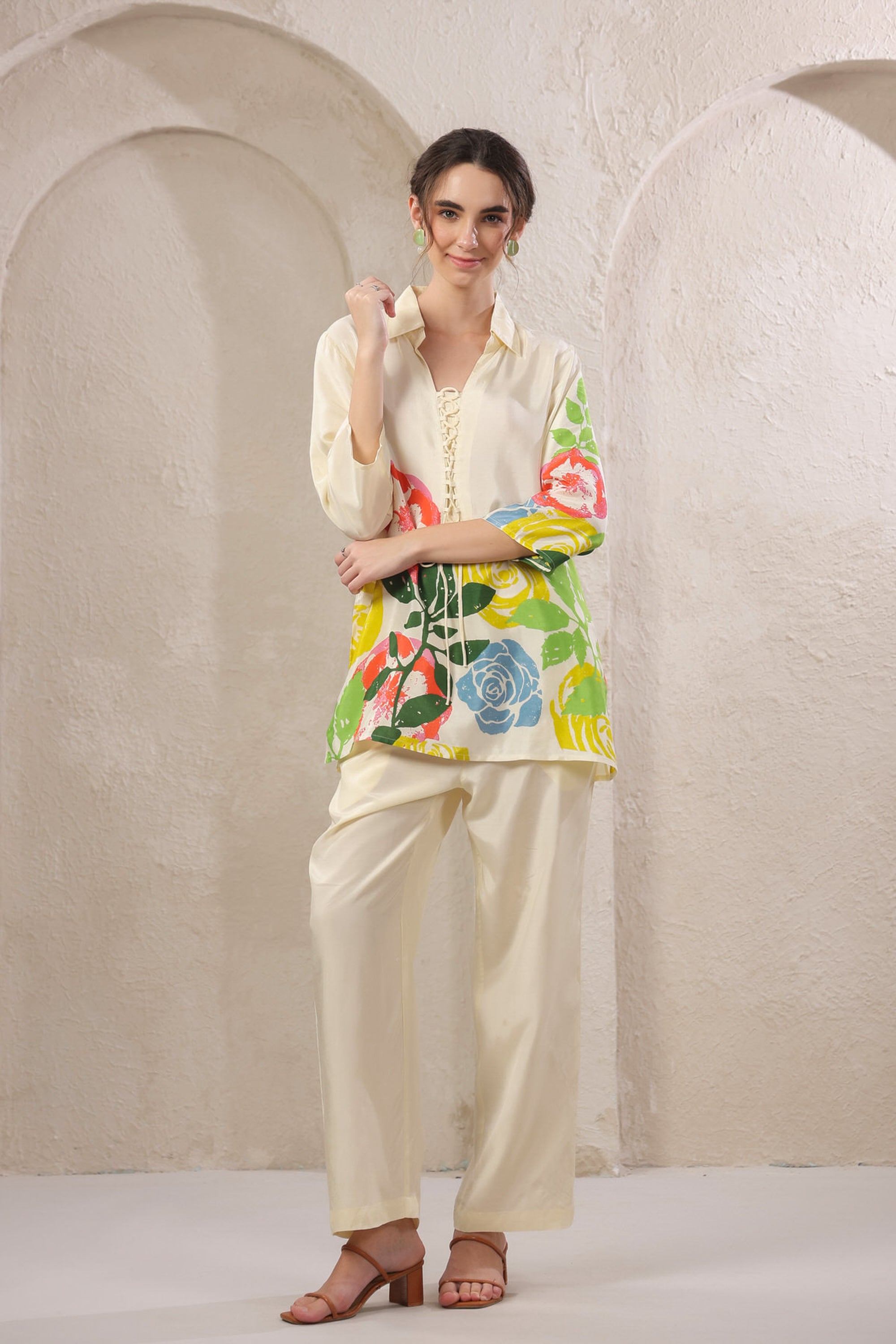 Beige Mosaic Floral Russian Silk Co-ord Set