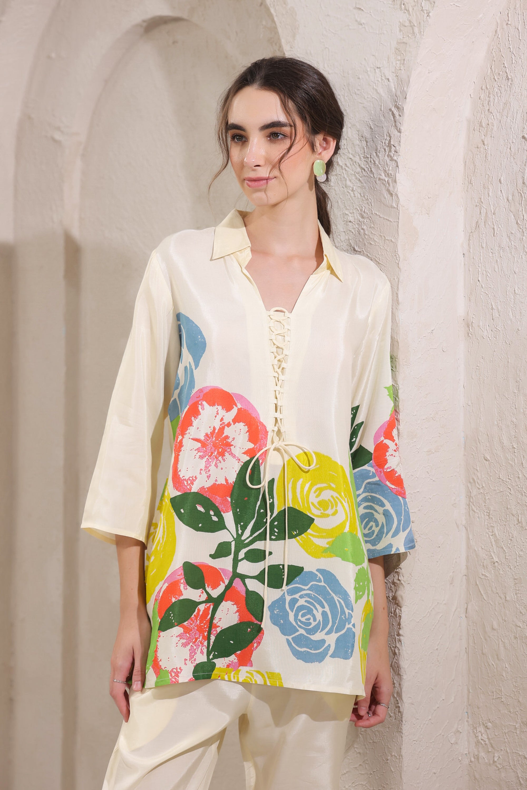 Beige Mosaic Floral Russian Silk Co-ord Set