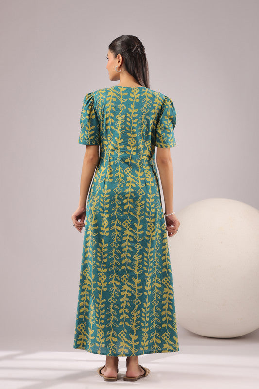 Teal Vine Printed Cotton Dress