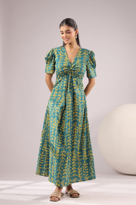 Teal Vine Printed Cotton Dress