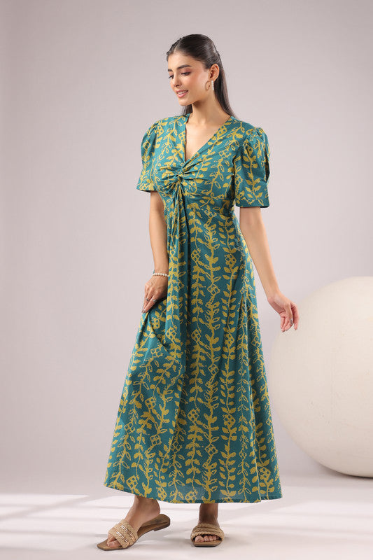 Teal Vine Printed Cotton Dress