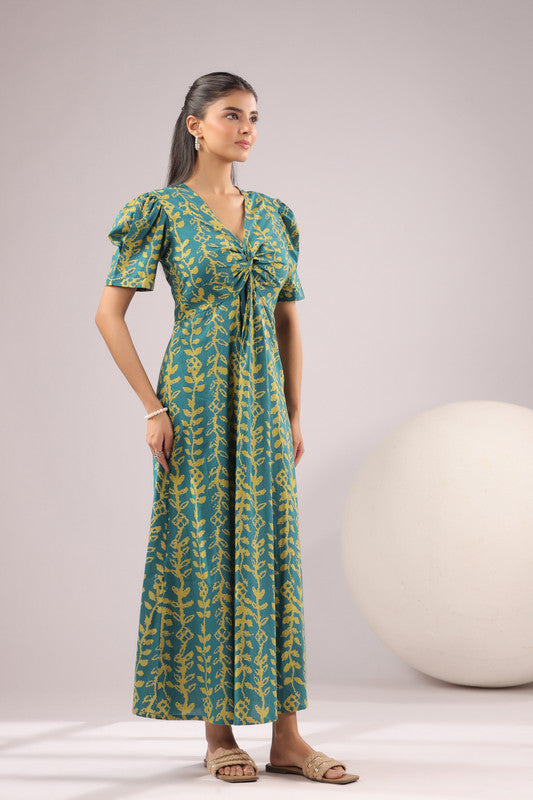 Teal Vine Printed Cotton Dress