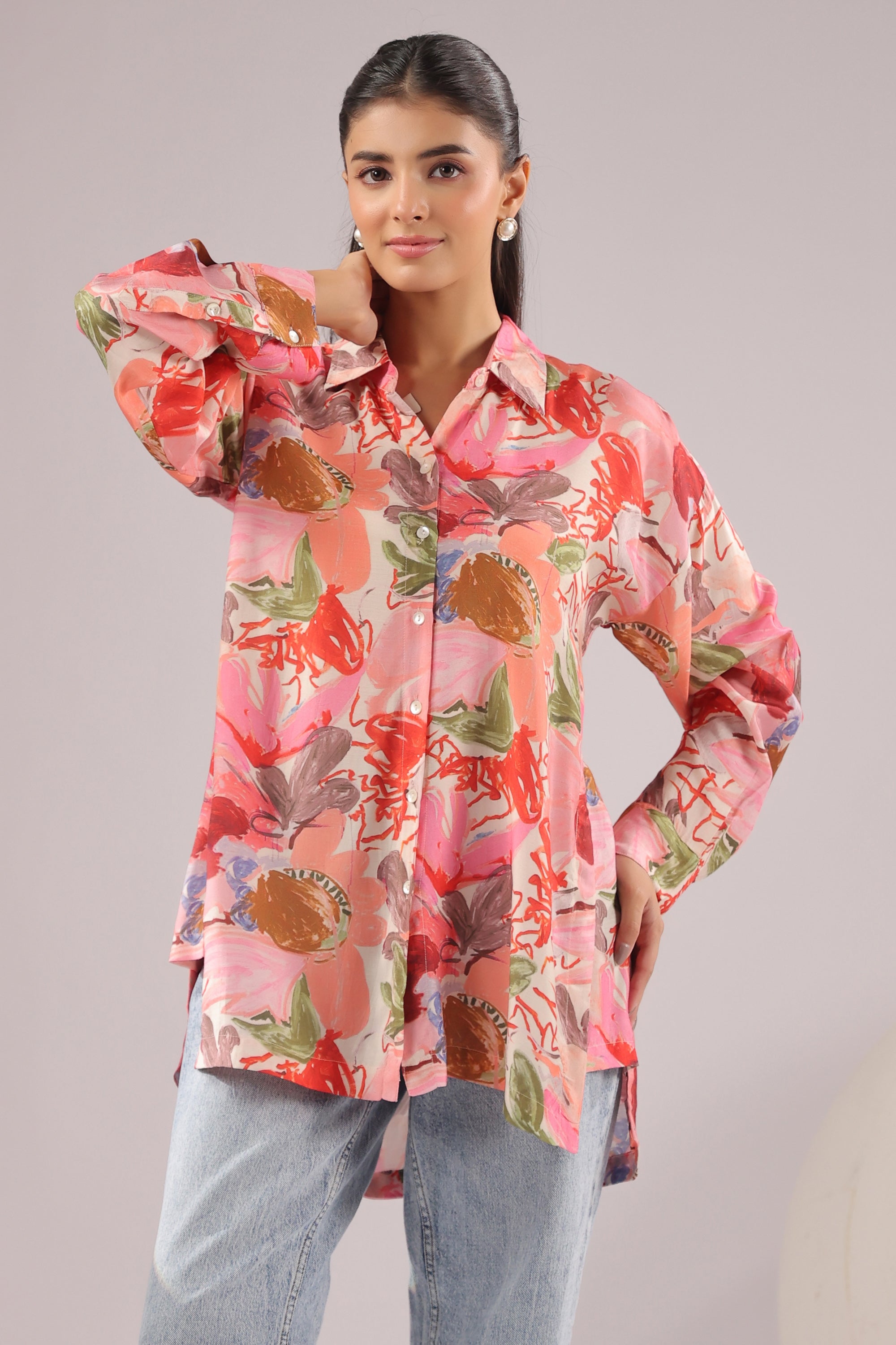Tropical Blush Printed Muslin Silk Shirt
