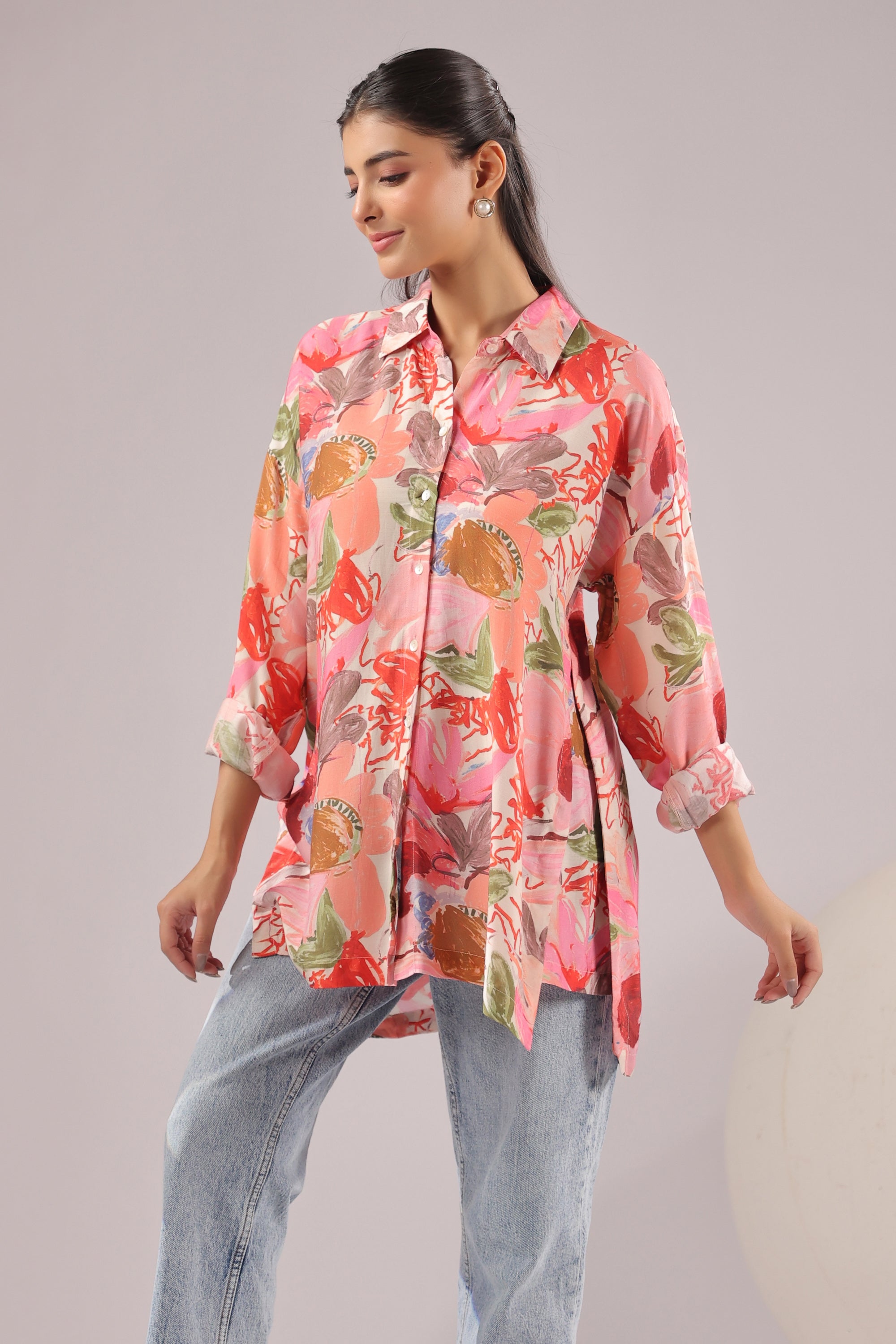 Tropical Blush Printed Muslin Silk Shirt