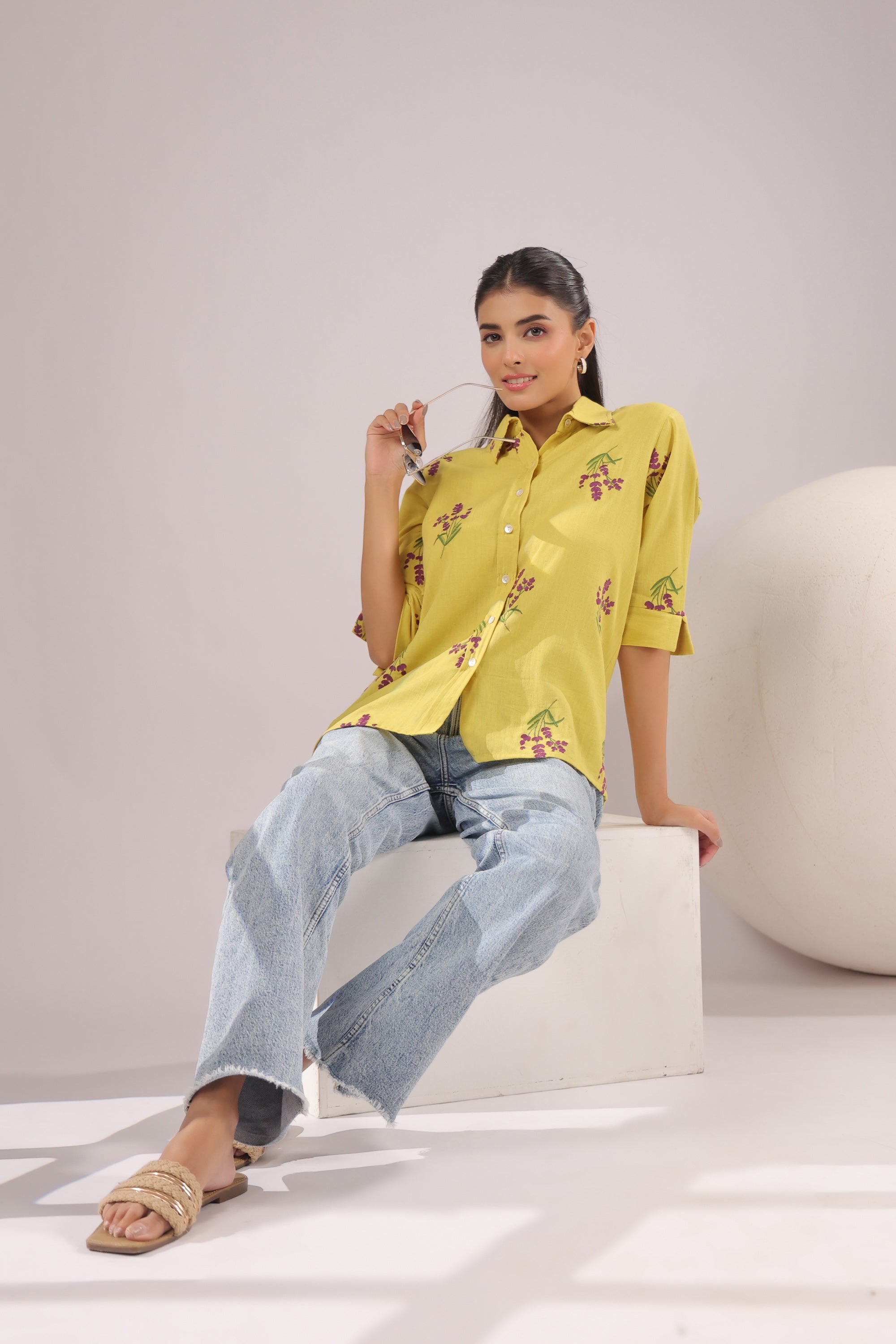 Sunny Bloom  Embroidered Cotton Flex Shirt