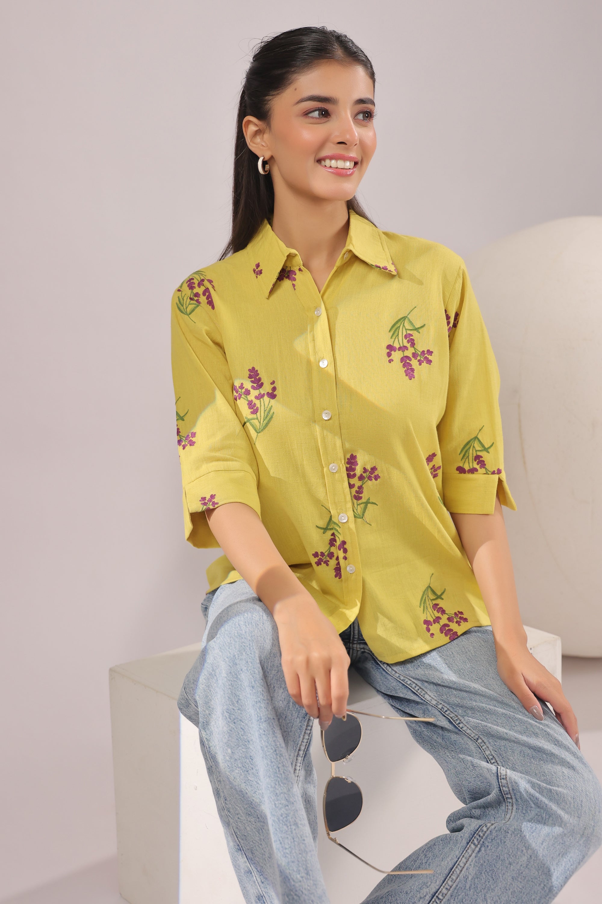 Sunny Bloom  Embroidered Cotton Flex Shirt