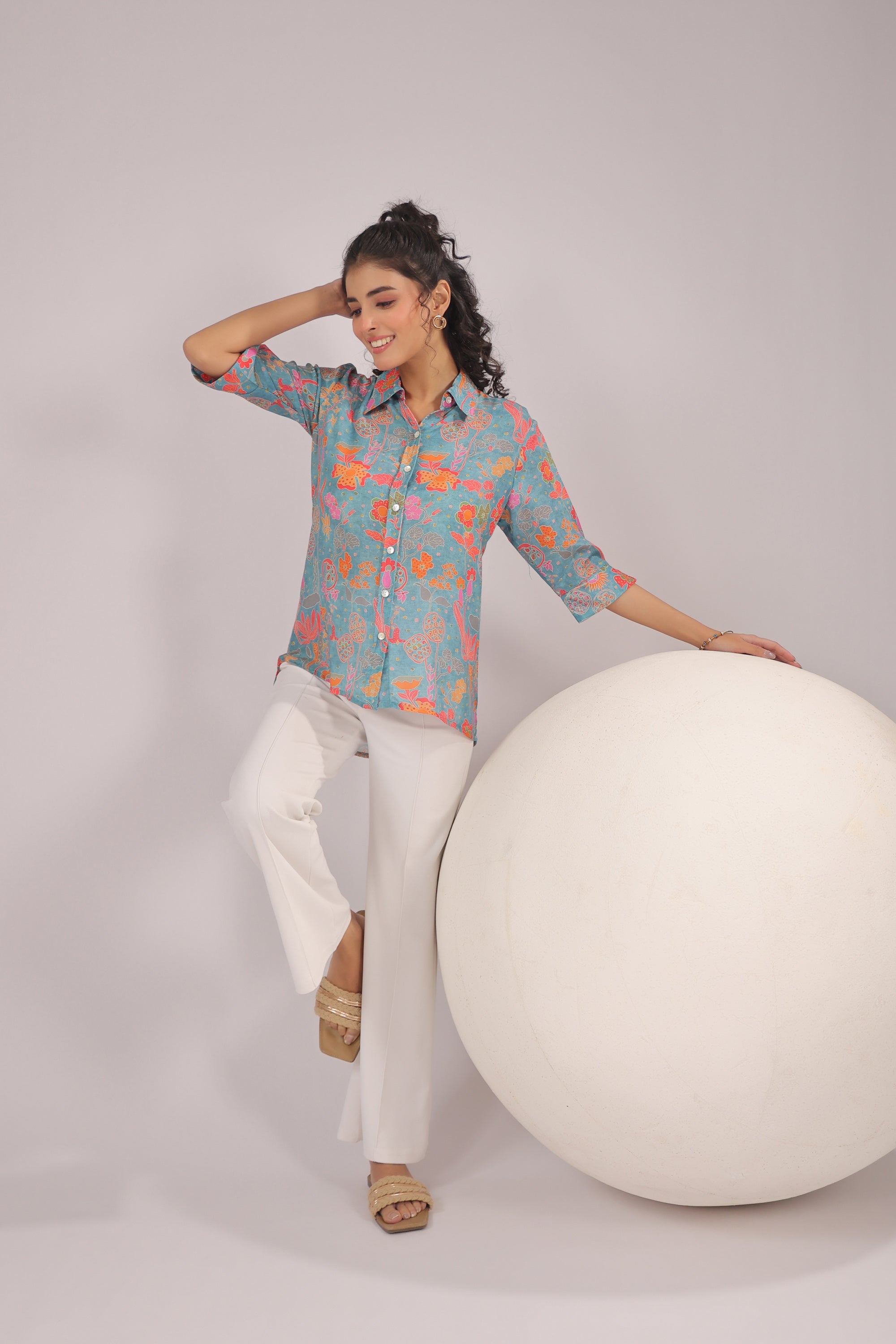 Azure Meadow Printed Muslin Silk Shirt