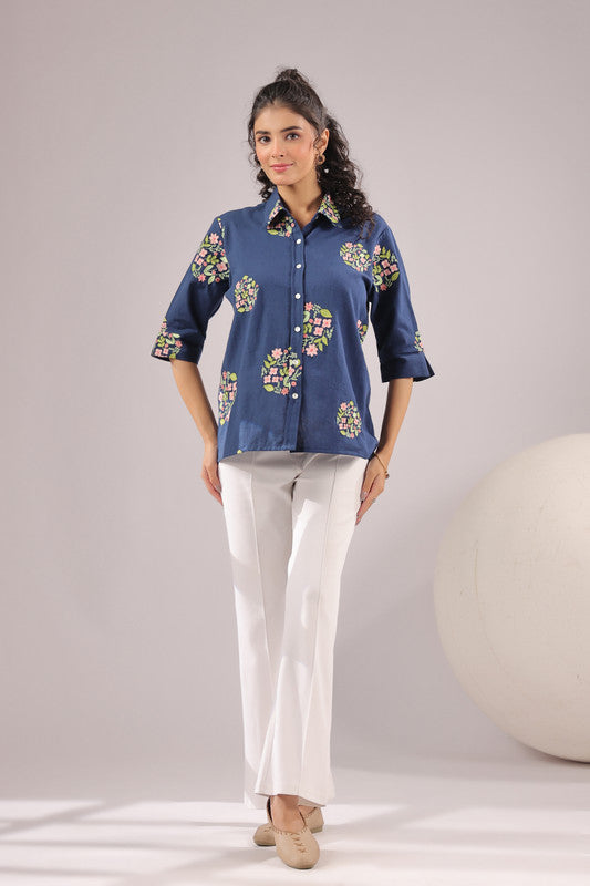 Navy Petal  Embroidered Cotton Flex Shirt