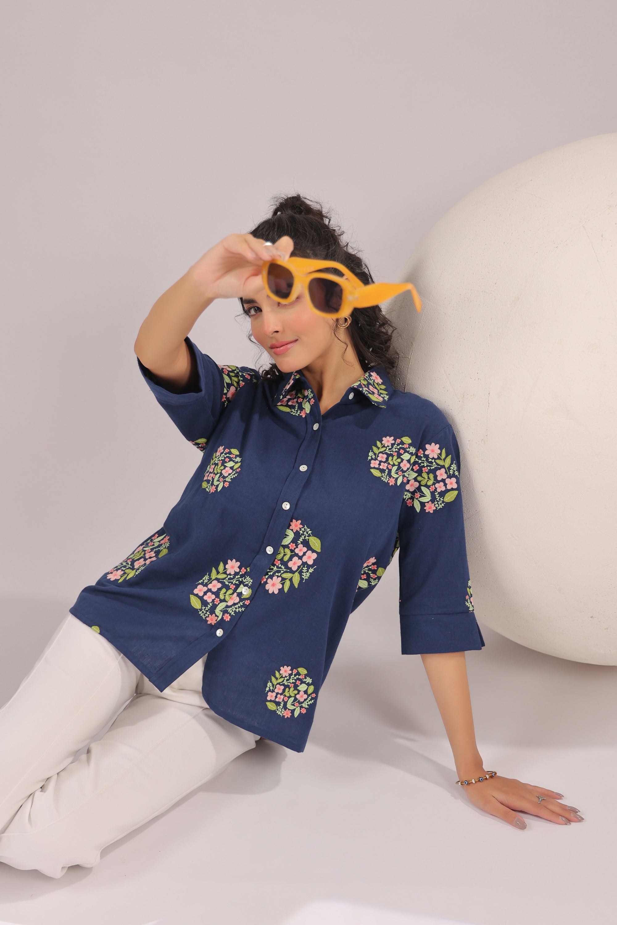 Navy Petal  Embroidered Cotton Flex Shirt