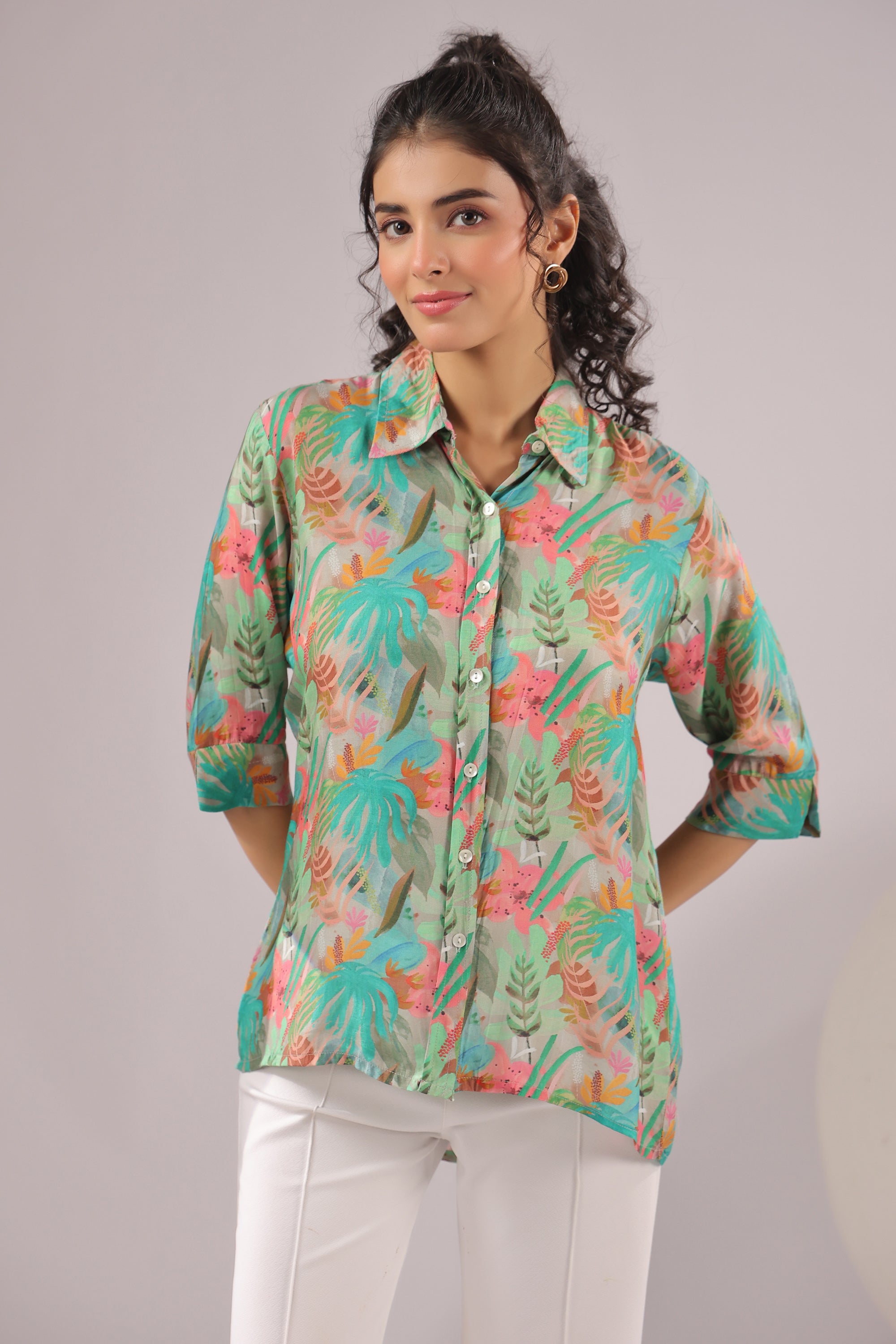 Tropical Mist Printed Muslin Silk Shirt