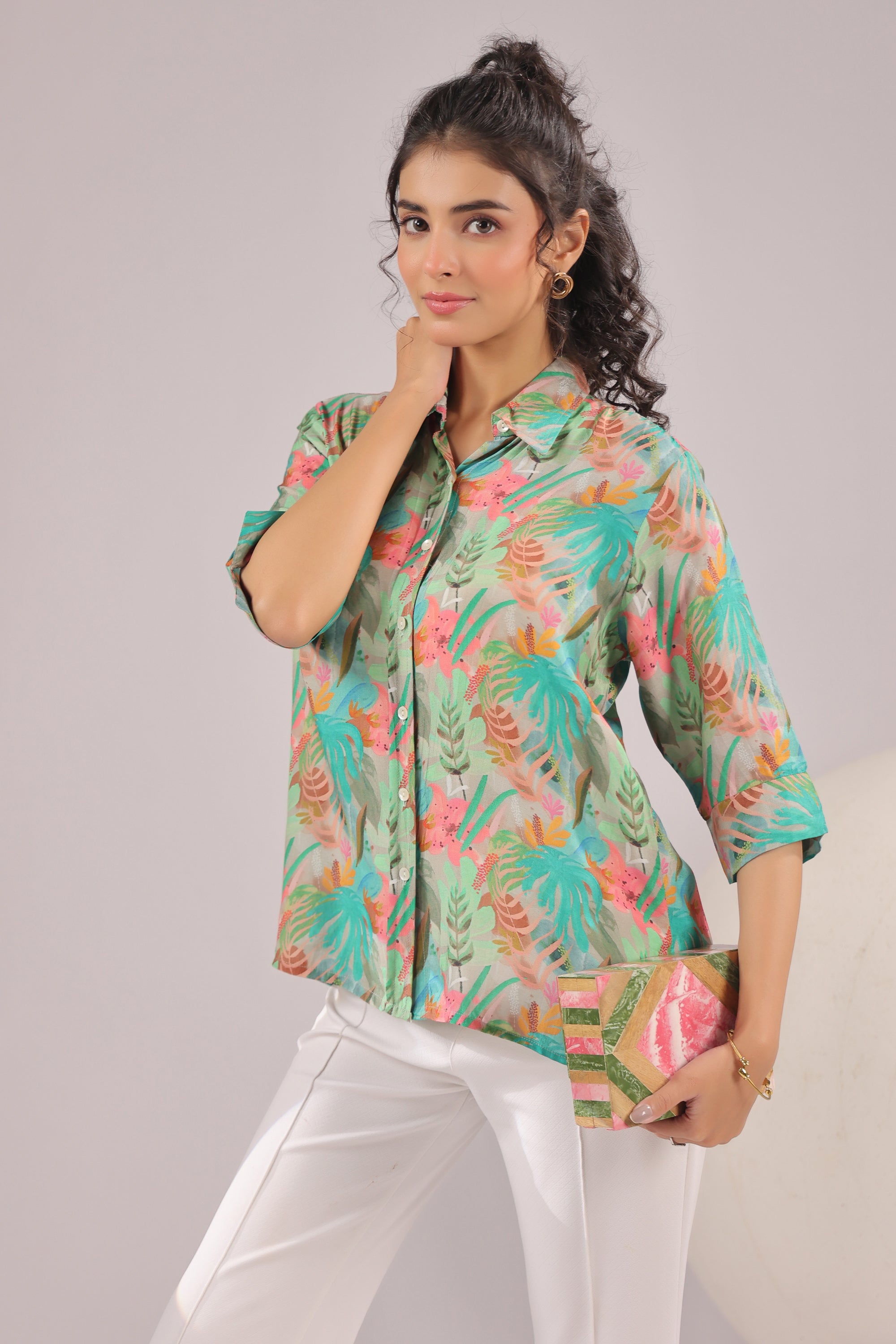 Tropical Mist Printed Muslin Silk Shirt