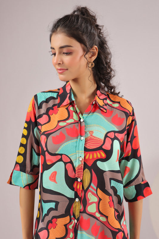 Retro Wave Printed Muslin Silk Shirt