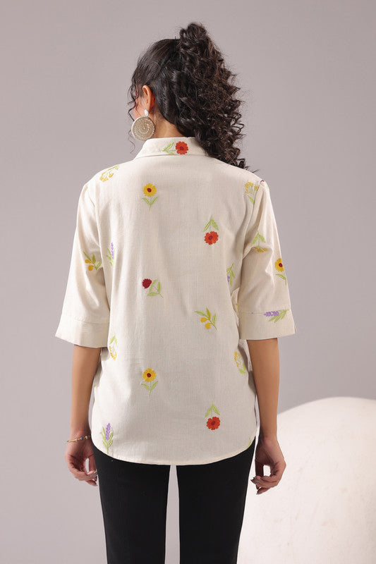 Ivory Meadow  Embroidered Cotton Flex Shirt