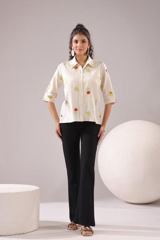 Ivory Meadow  Embroidered Cotton Flex Shirt