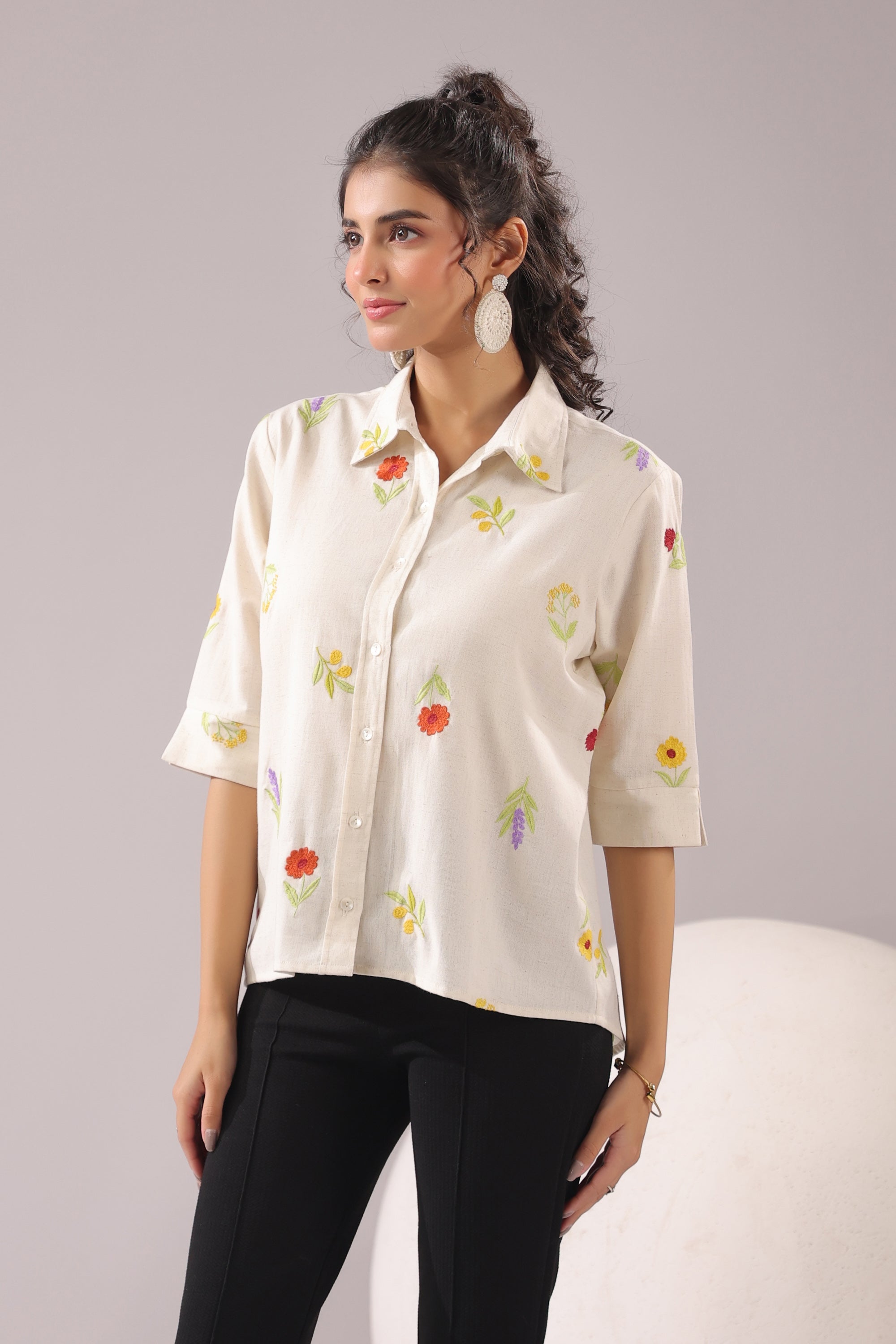 Ivory Meadow  Embroidered Cotton Flex Shirt