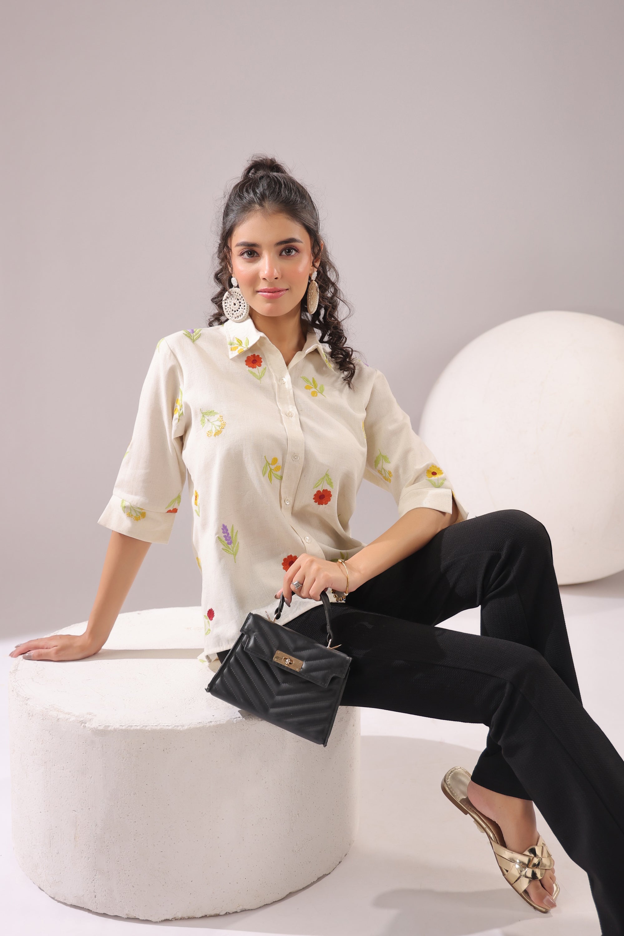 Ivory Meadow  Embroidered Cotton Flex Shirt