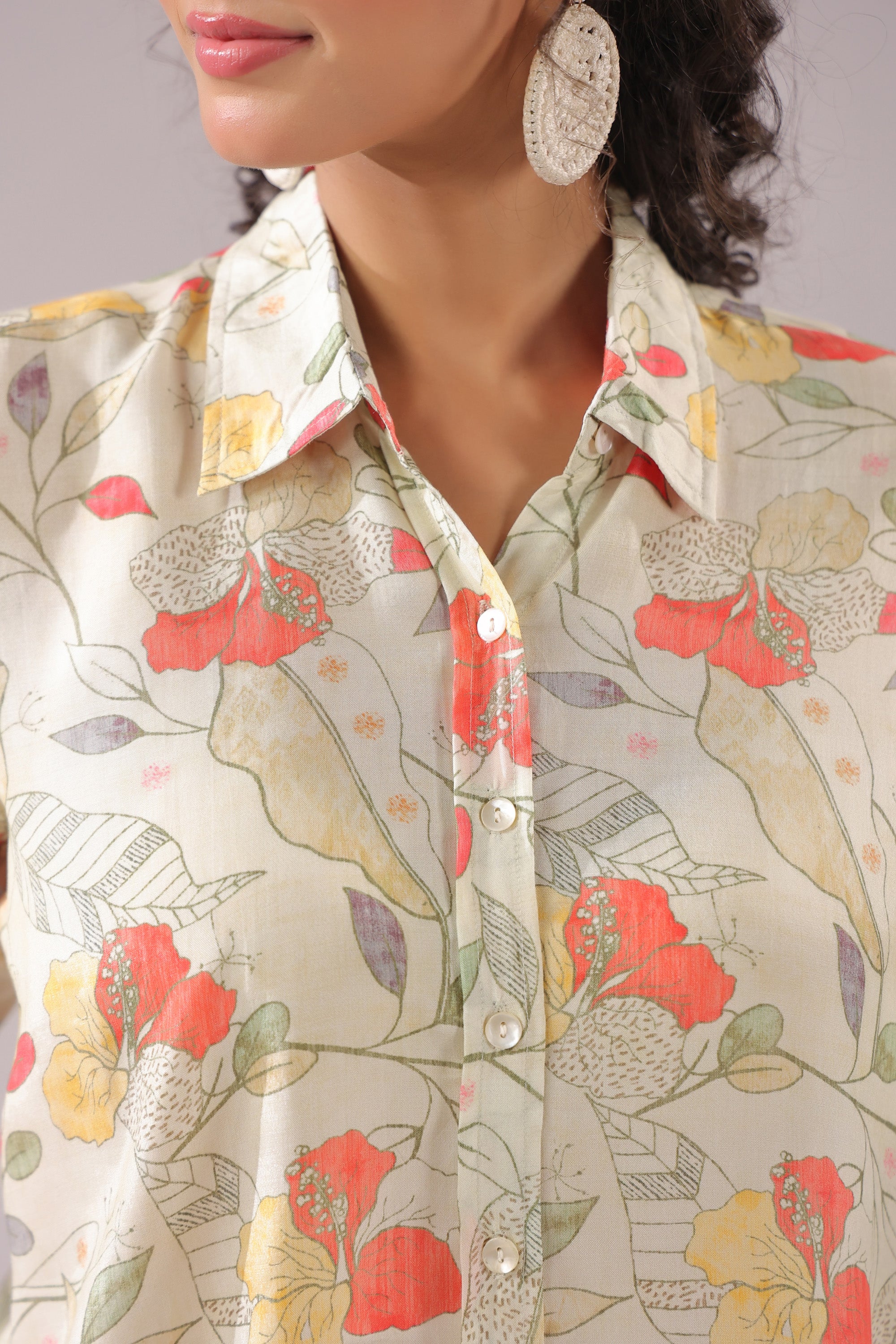 Floral Breeze Beige Printed Muslin Silk Shirt