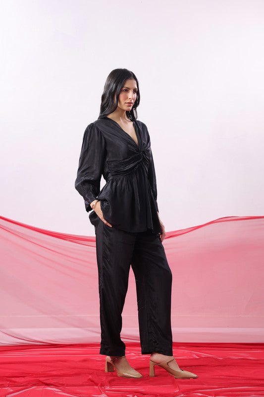 Black Solid Ruched Front Knot Detail Co-ord Set
