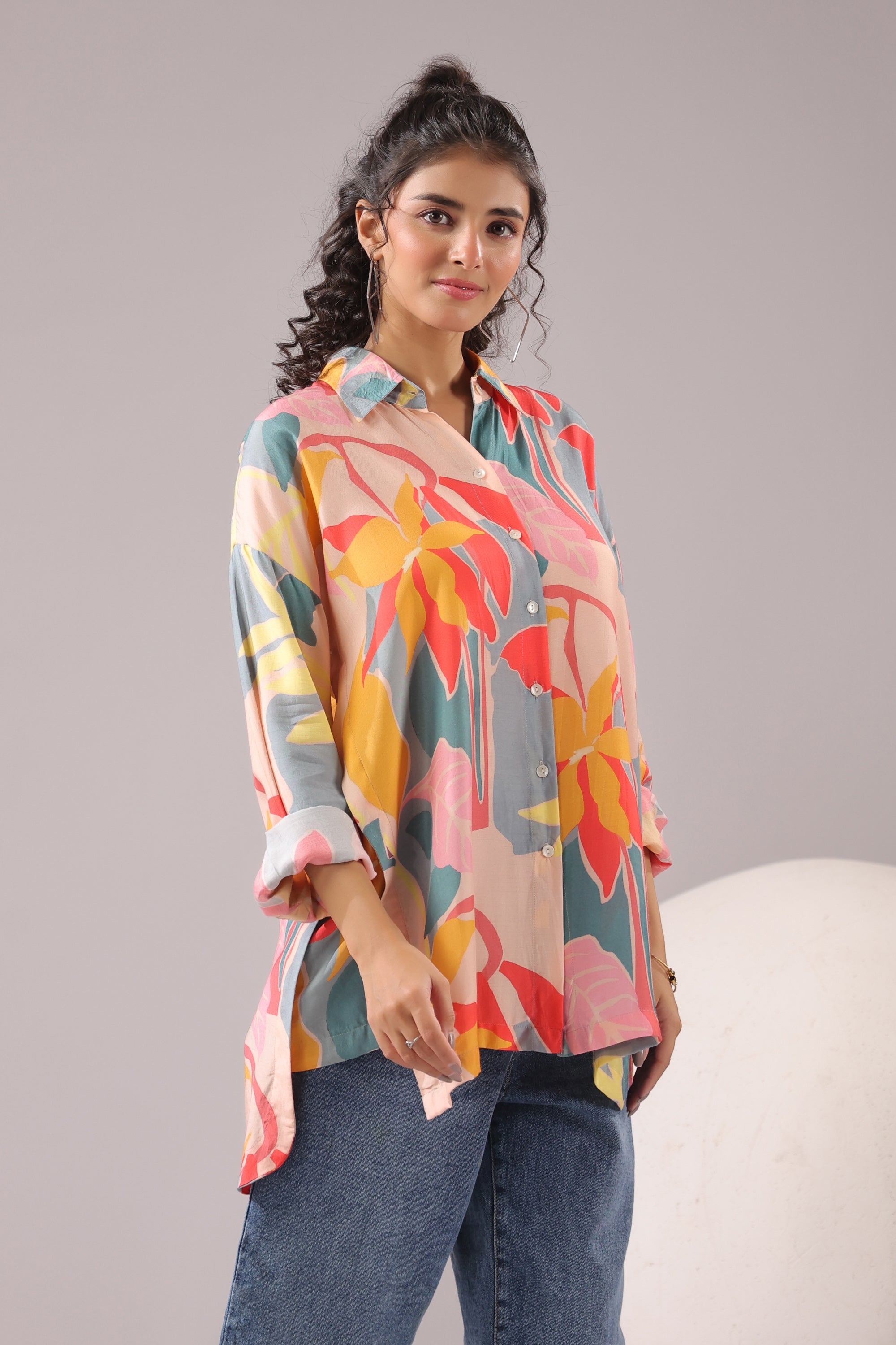 Tropical Bloom Printed Muslin Silk Shirt