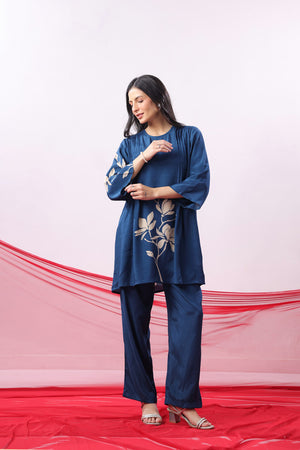 Navy Blue Floral Motif Printed Russian Silk Co-ord Set
