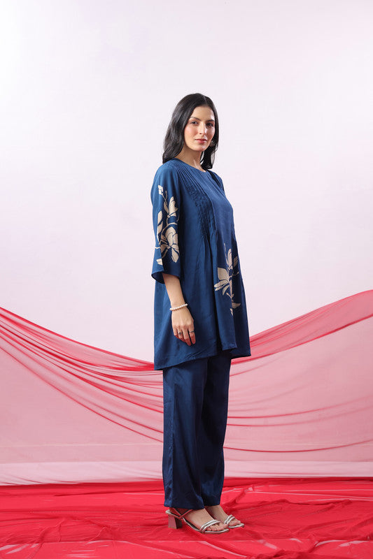 Navy Blue Floral Motif Printed Co-ord Set