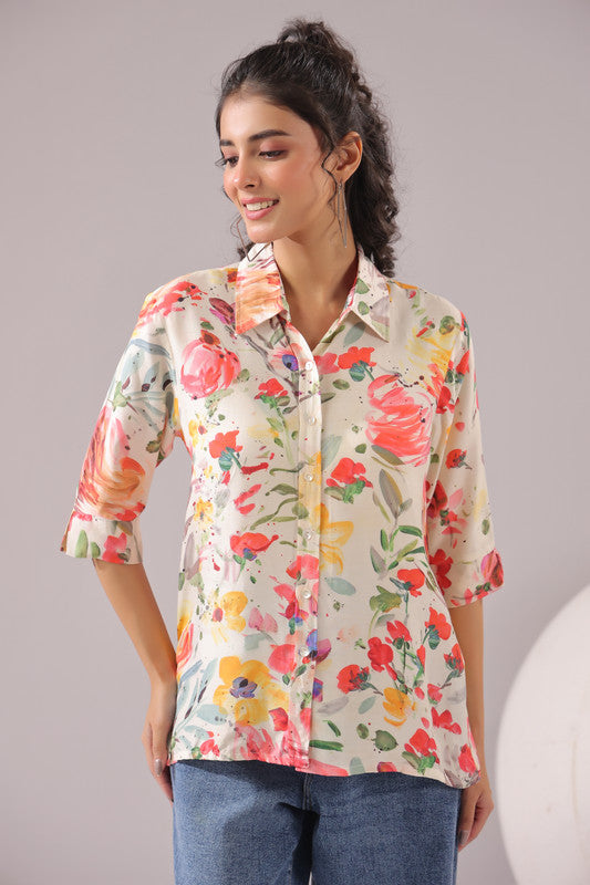 Spring Splash Printed Muslin Silk Shirt