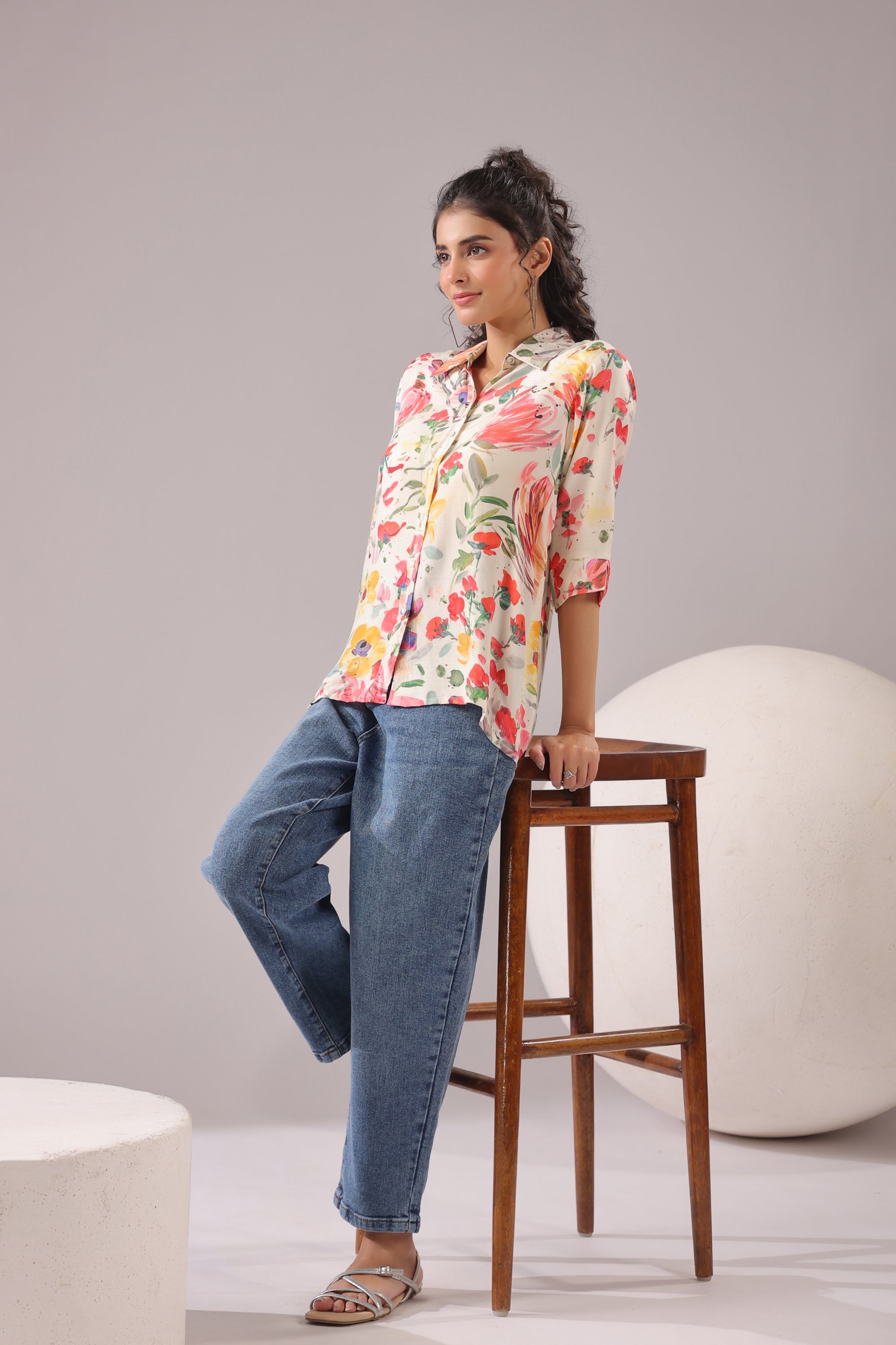 Spring Splash Printed Muslin Silk Shirt