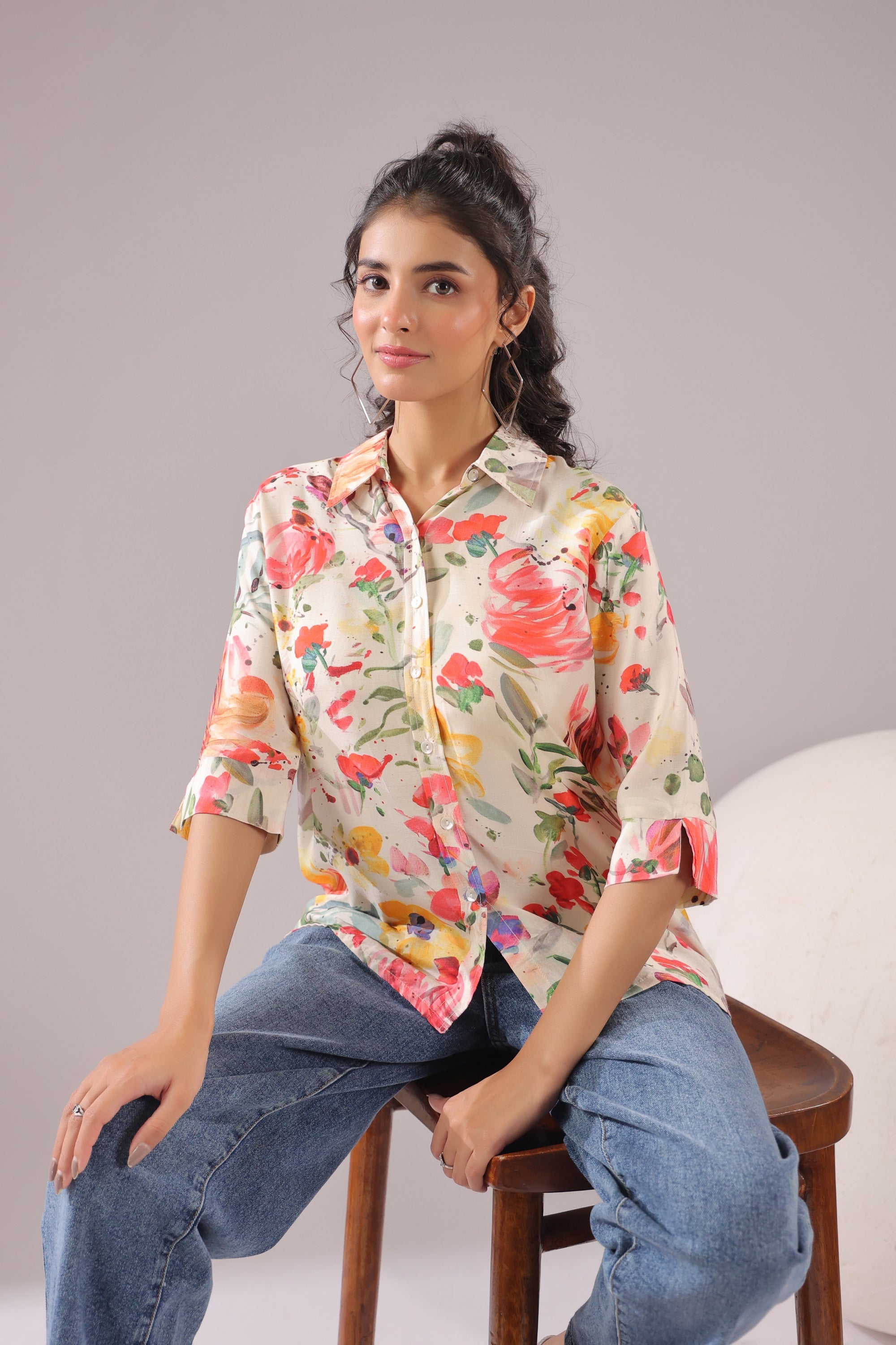 Spring Splash Printed Muslin Silk Shirt