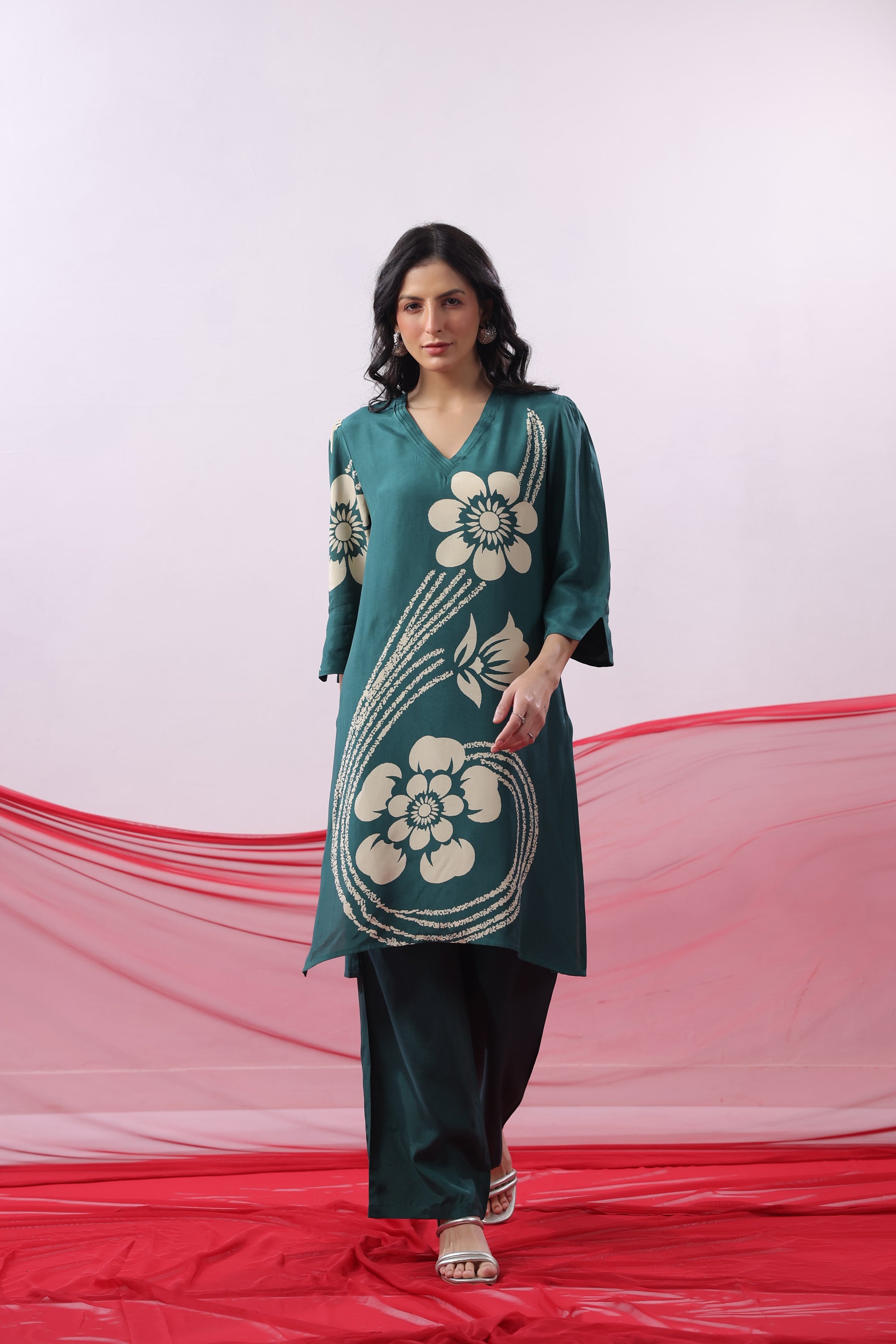 Teal Green Floral Printed Russian Silk Co-ord Set