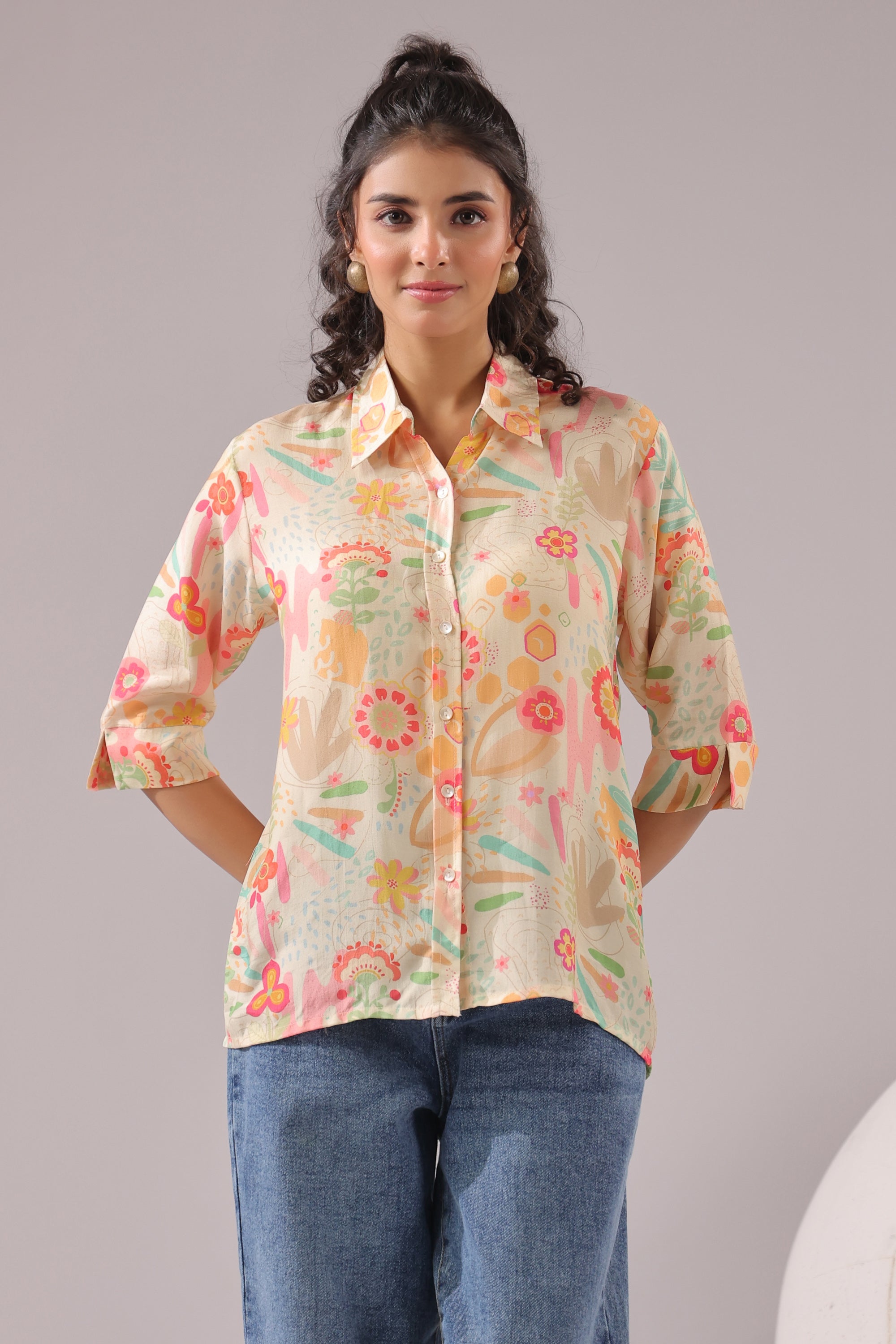 Peach Bloom Printed Muslin Silk Shirt