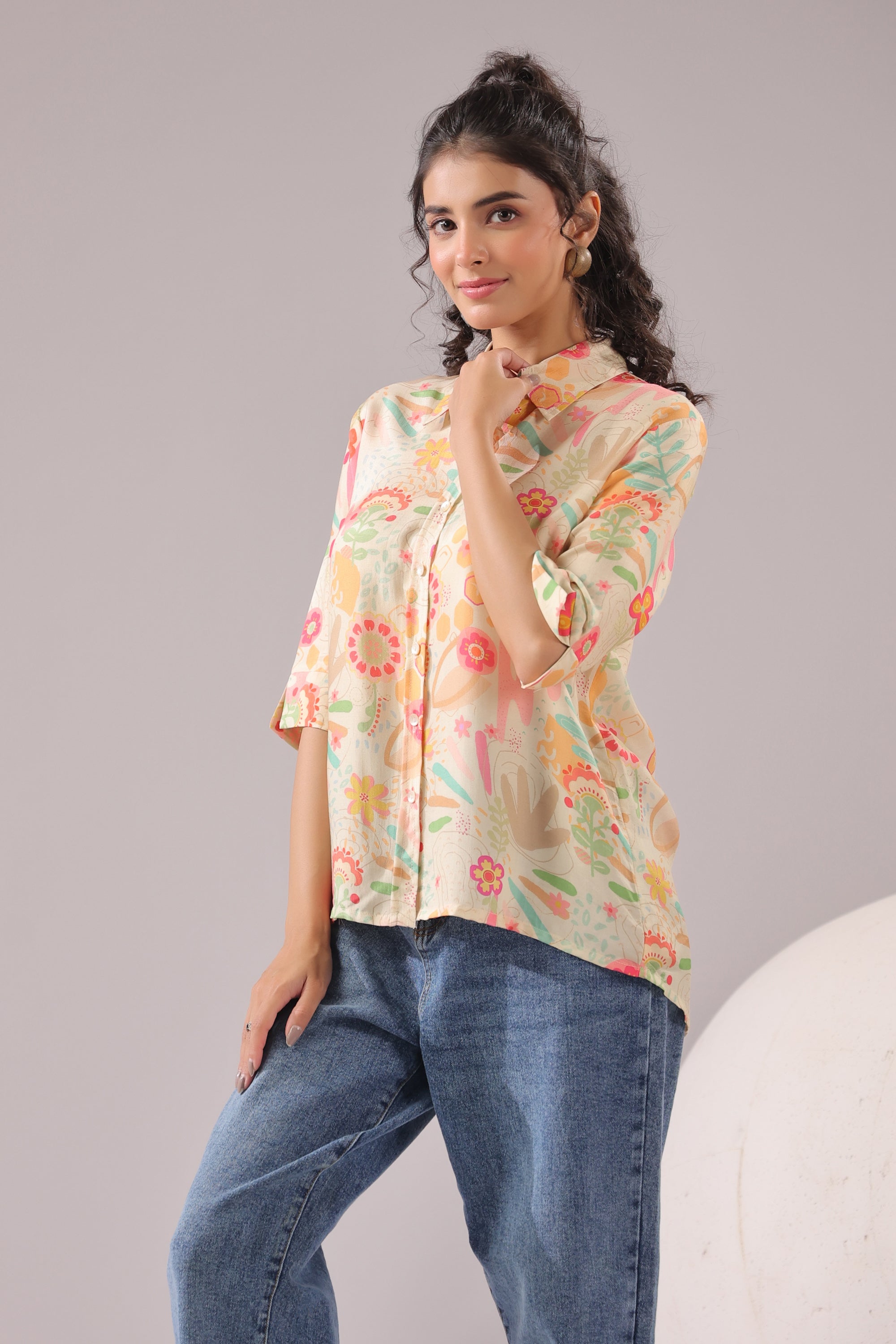Peach Bloom Printed Muslin Silk Shirt