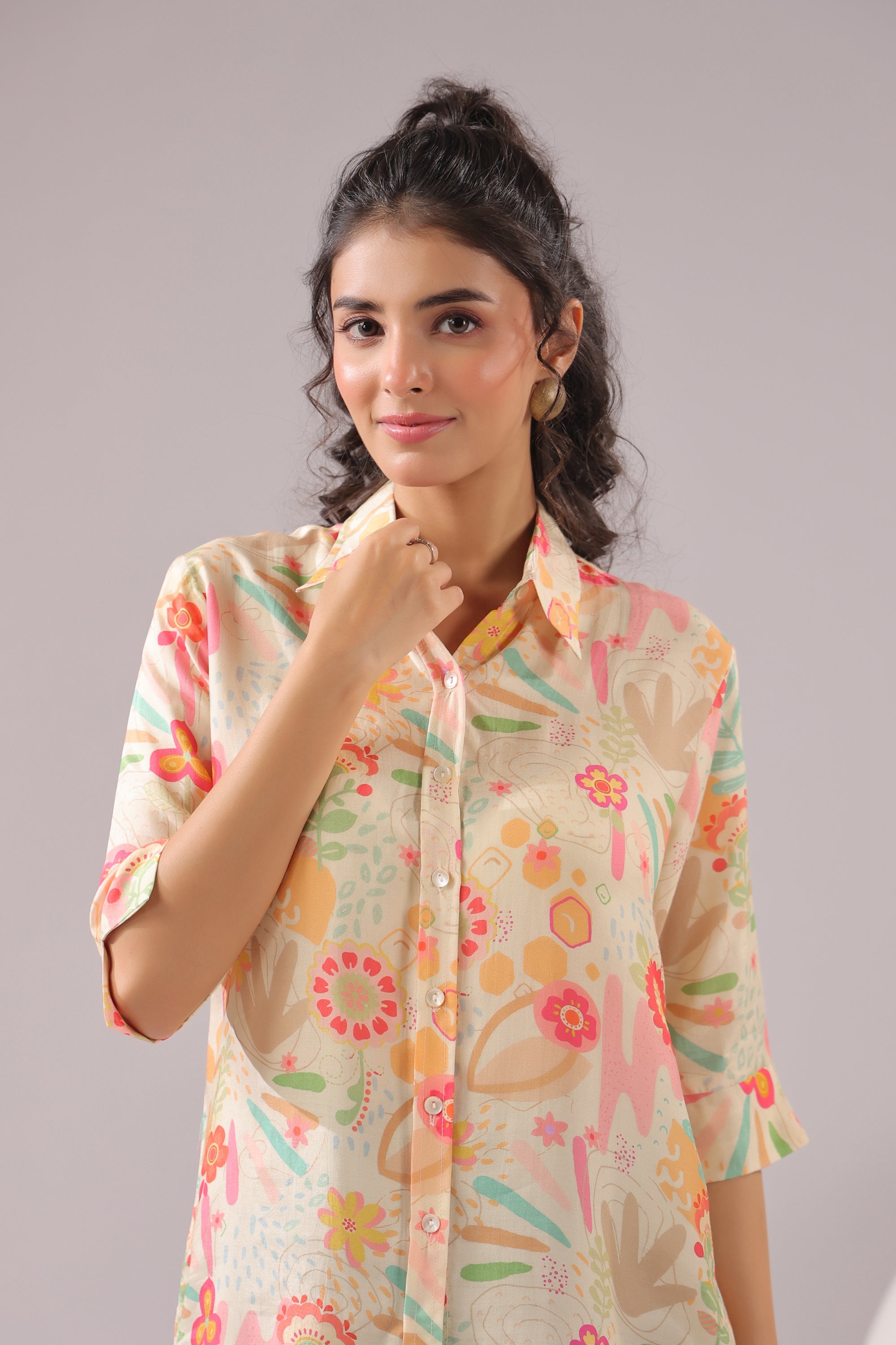 Peach Bloom Printed Muslin Silk Shirt