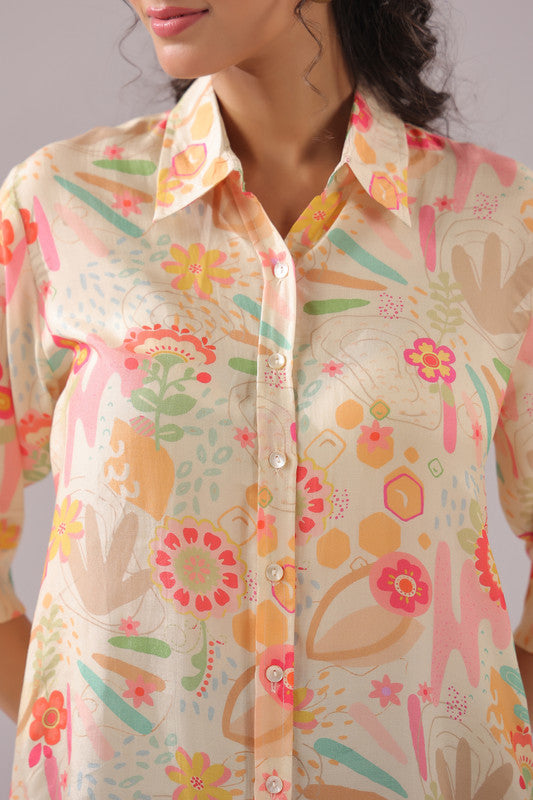 Peach Bloom Printed Muslin Silk Shirt