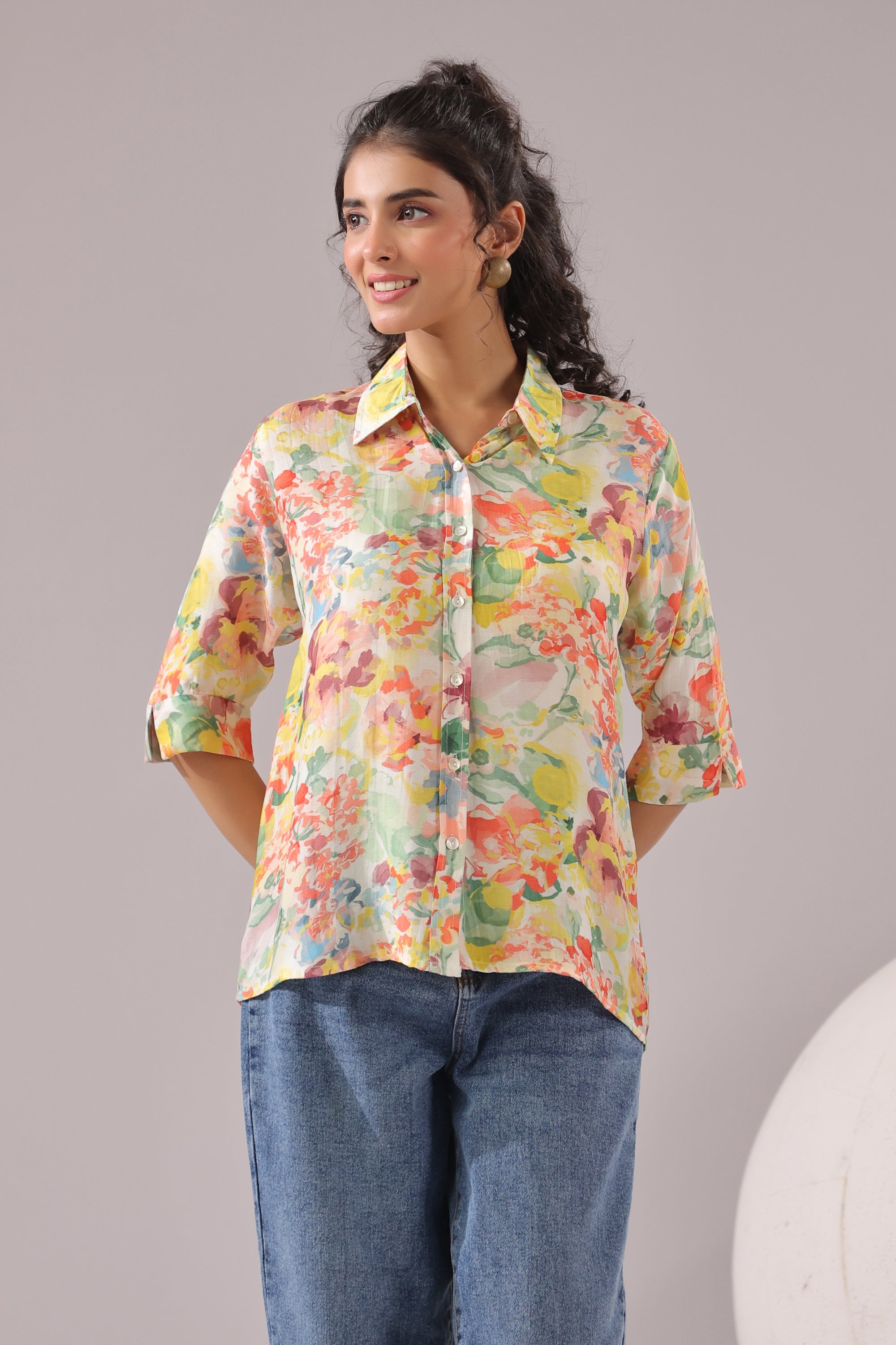 Sunlit Petal Printed Muslin Silk Shirt