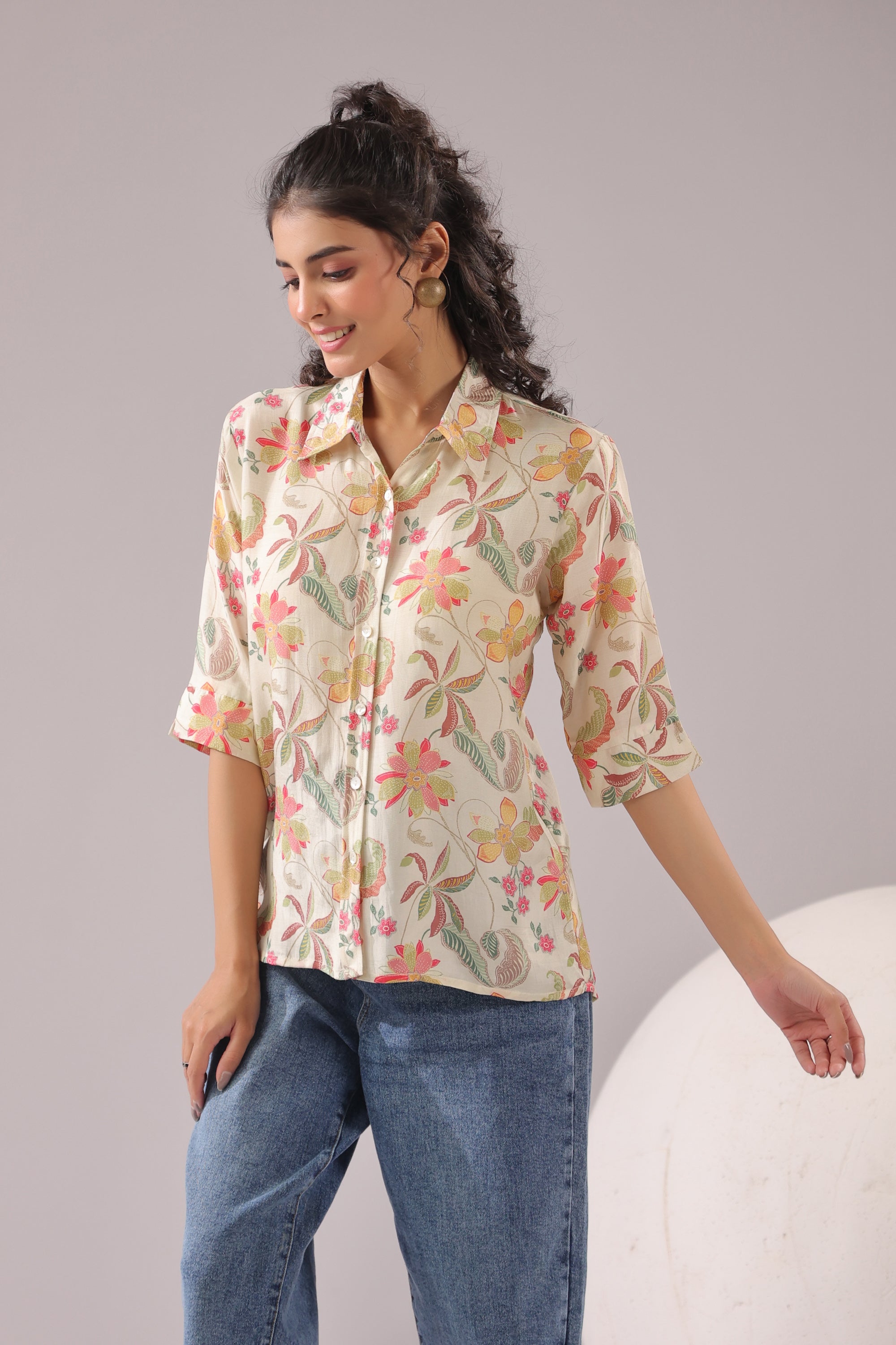 Ivory Blossom Printed Muslin Silk Shirt