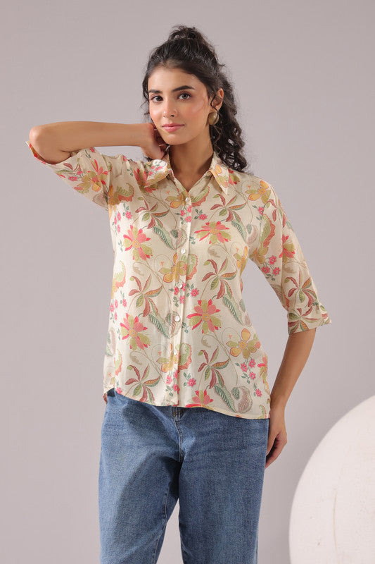 Ivory Blossom Printed Muslin Silk Shirt