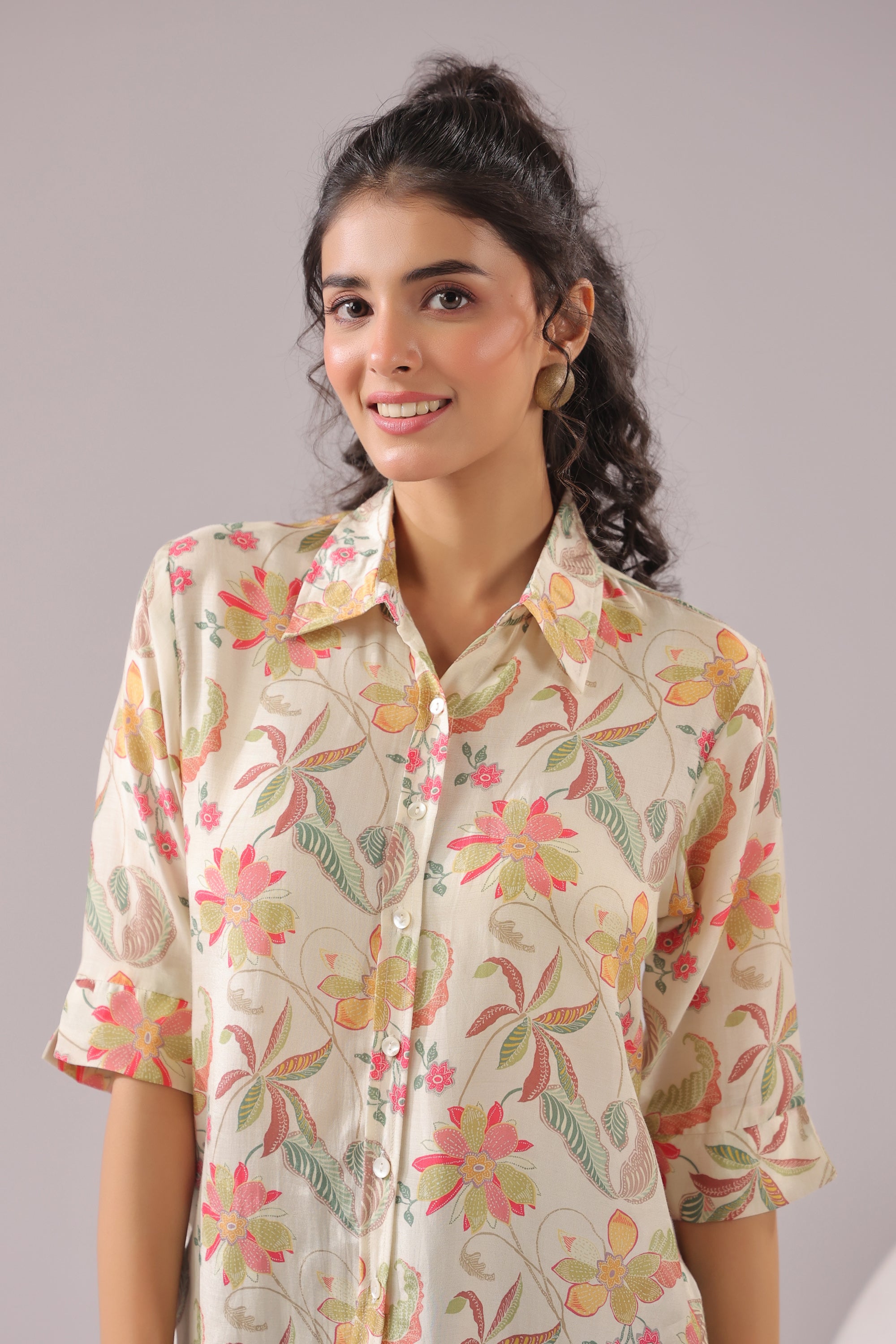 Ivory Blossom Printed Muslin Silk Shirt