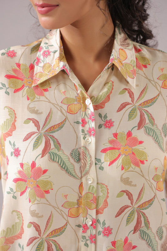 Ivory Blossom Printed Muslin Silk Shirt
