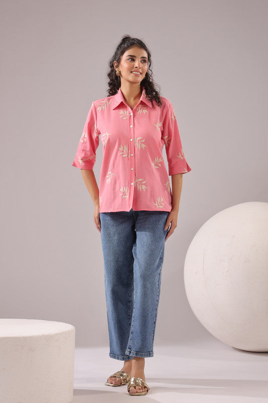 Coral Leaf  Embroidered Cotton Flex Shirt