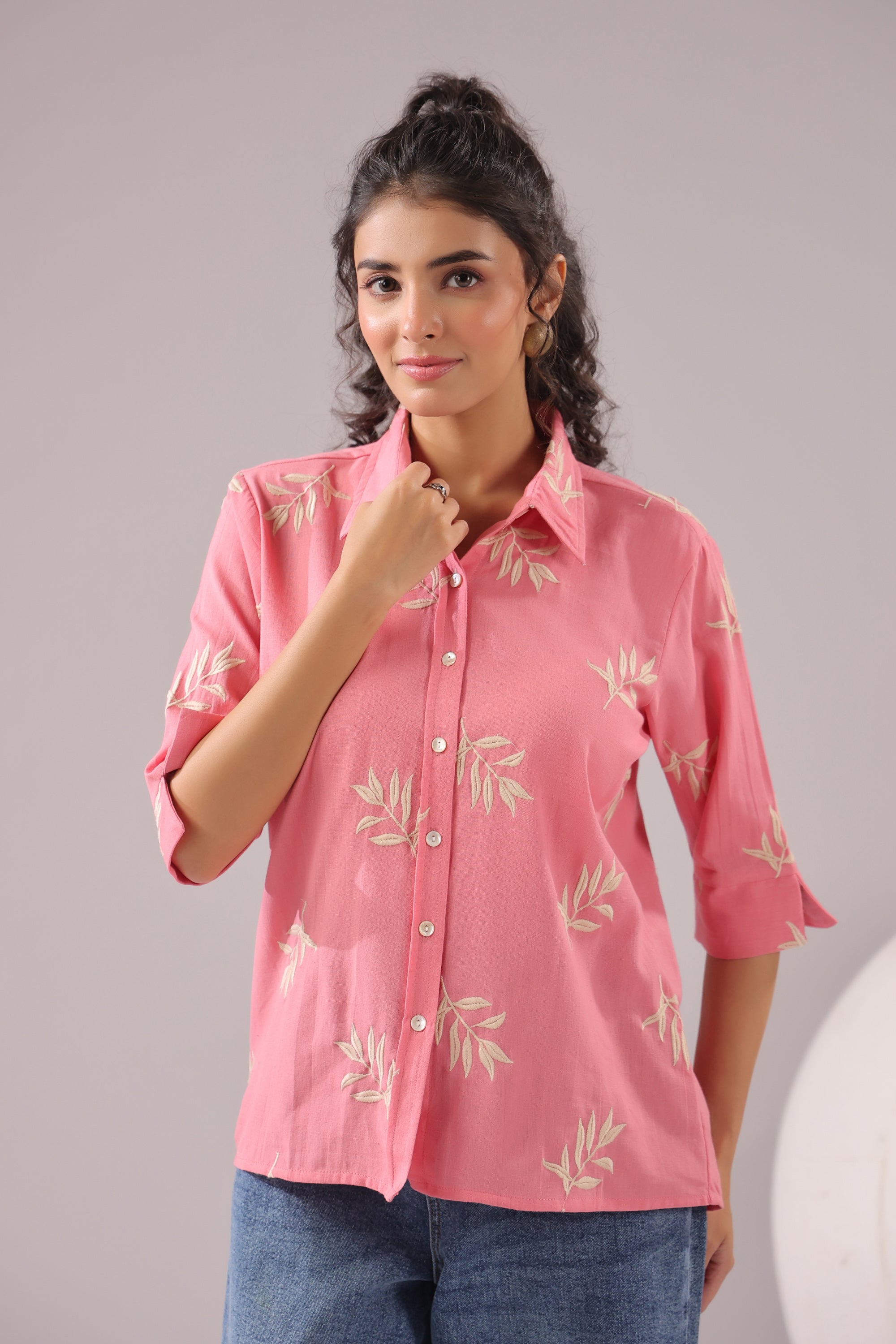Coral Leaf  Embroidered Cotton Flex Shirt