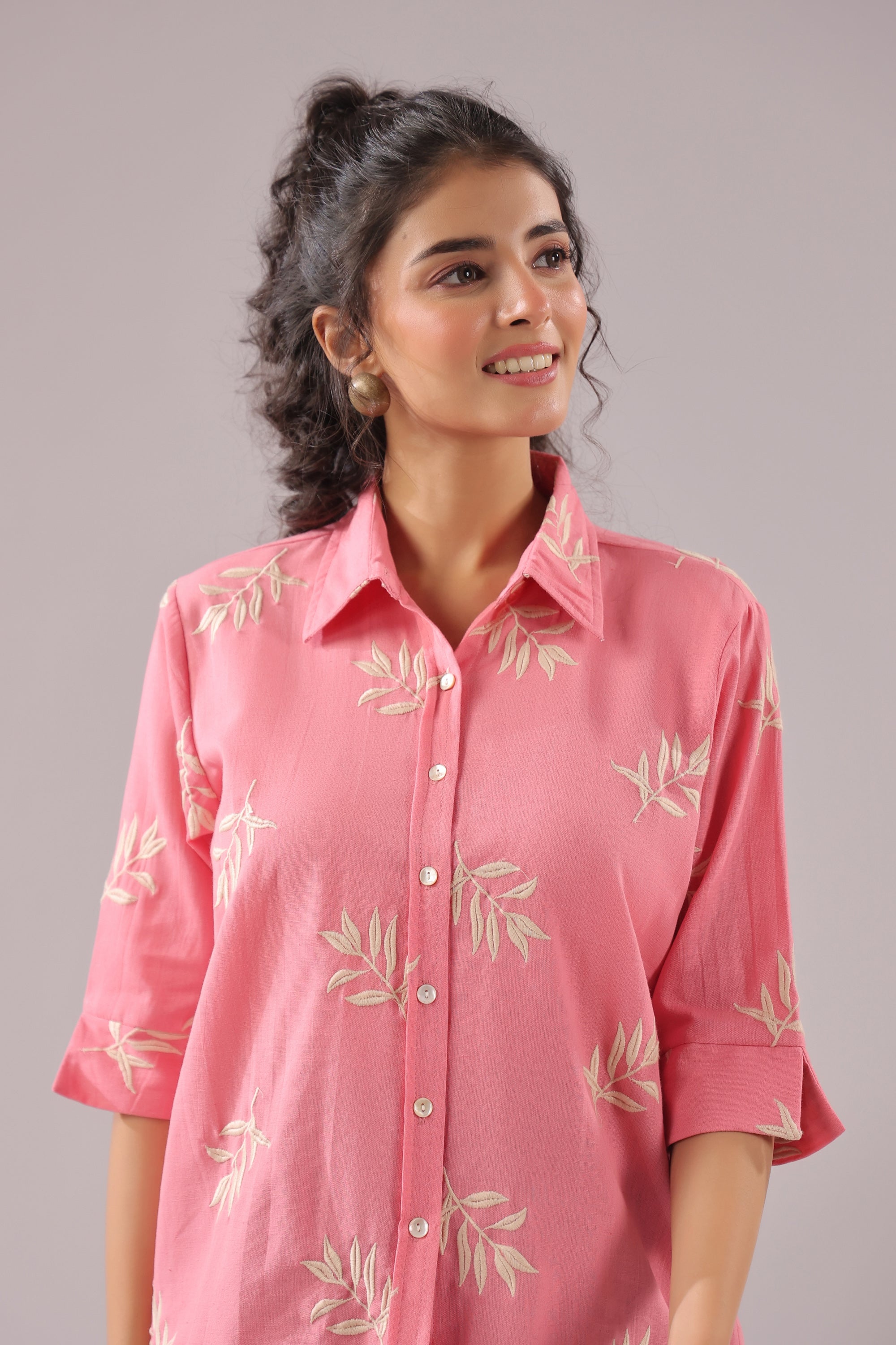Coral Leaf  Embroidered Cotton Flex Shirt