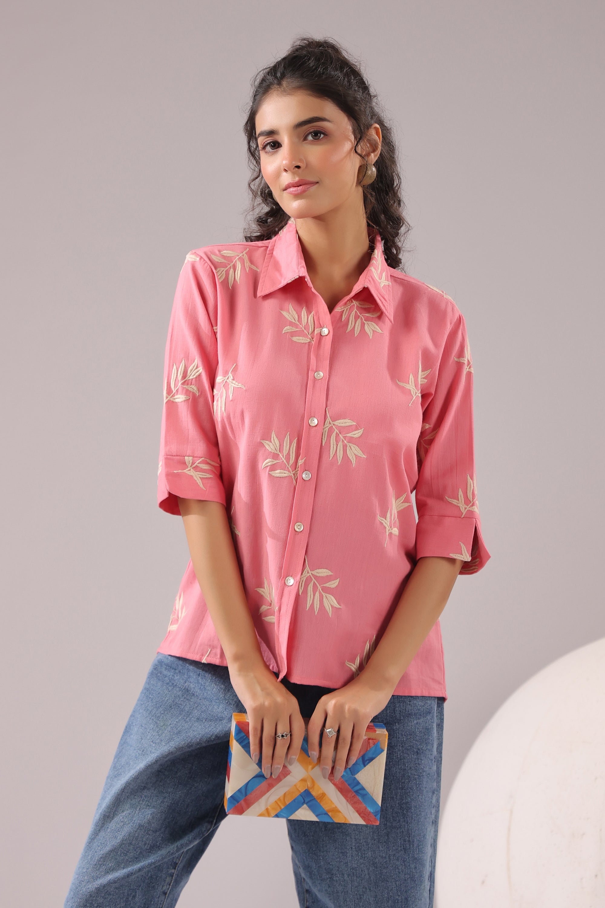 Coral Leaf  Embroidered Cotton Flex Shirt