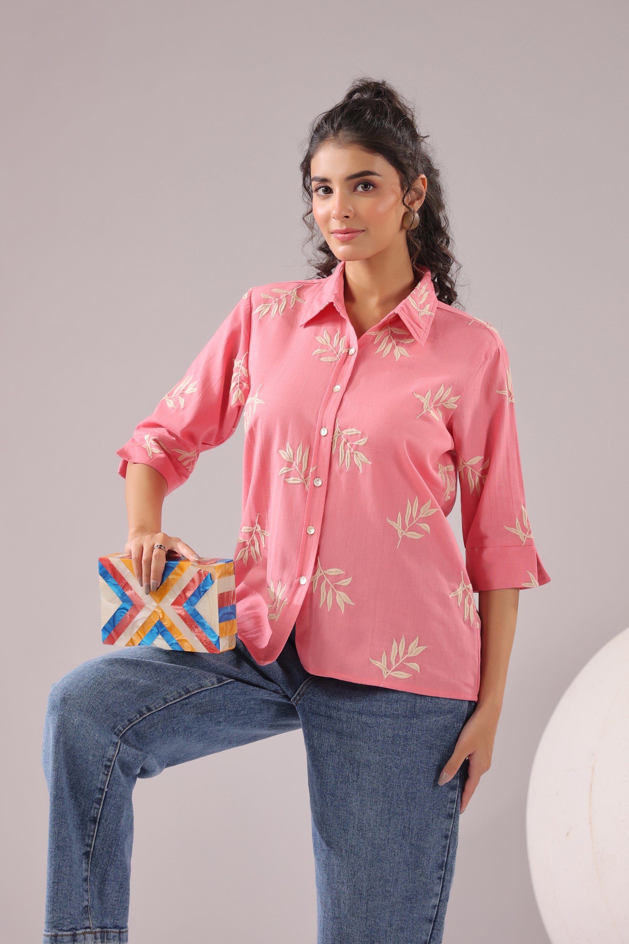 Coral Leaf  Embroidered Cotton Flex Shirt